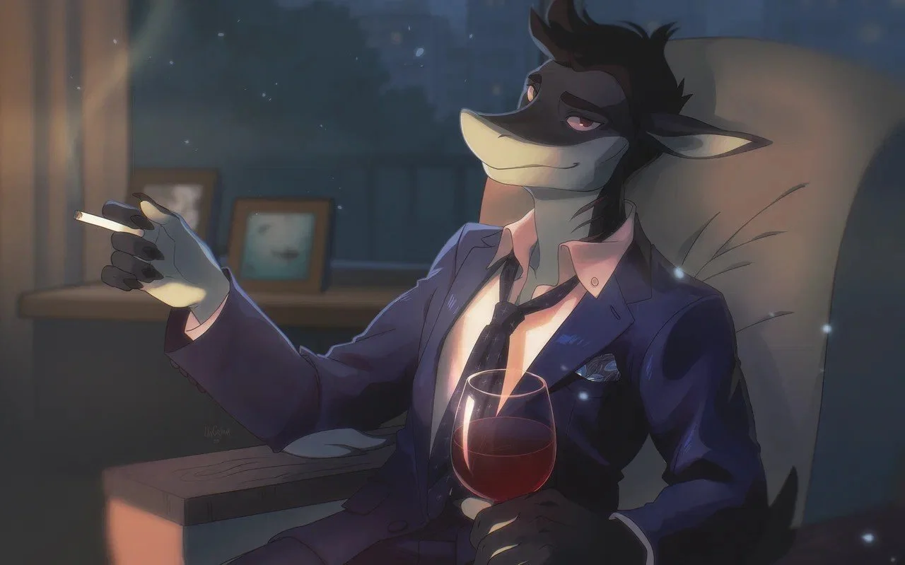 An anthropomorphic fox character dressed in a suit, sitting in a chair in a dimly lit room at night, holding a cigarette in one hand and a glass of red wine in the other, with a relaxed and confident expression.