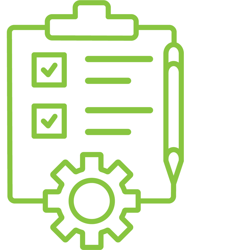 Outline of a clipboard with checkboxes, a pen, and a gear, all in green.