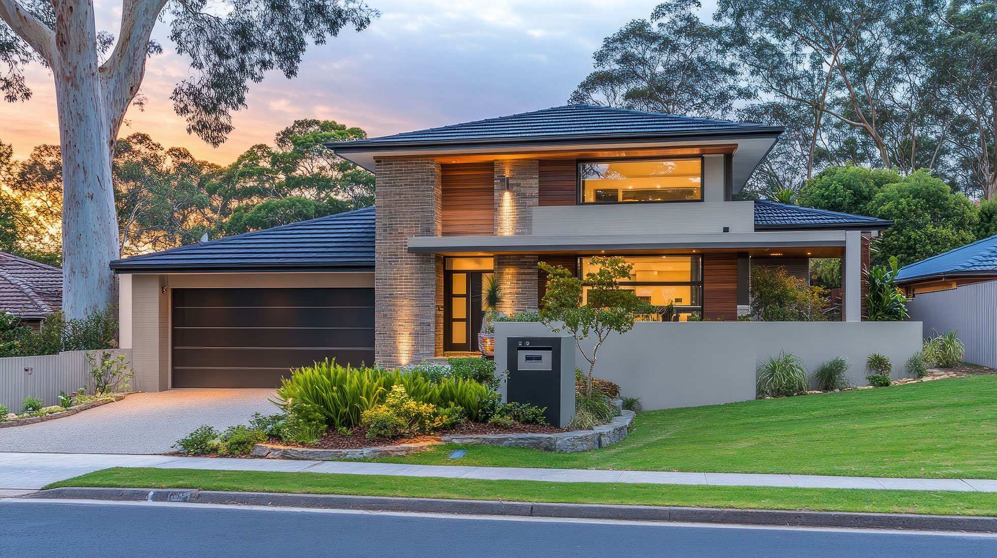 Modern two-story house with a dark garage door, large windows, and surrounding greenery, captured during sunset.