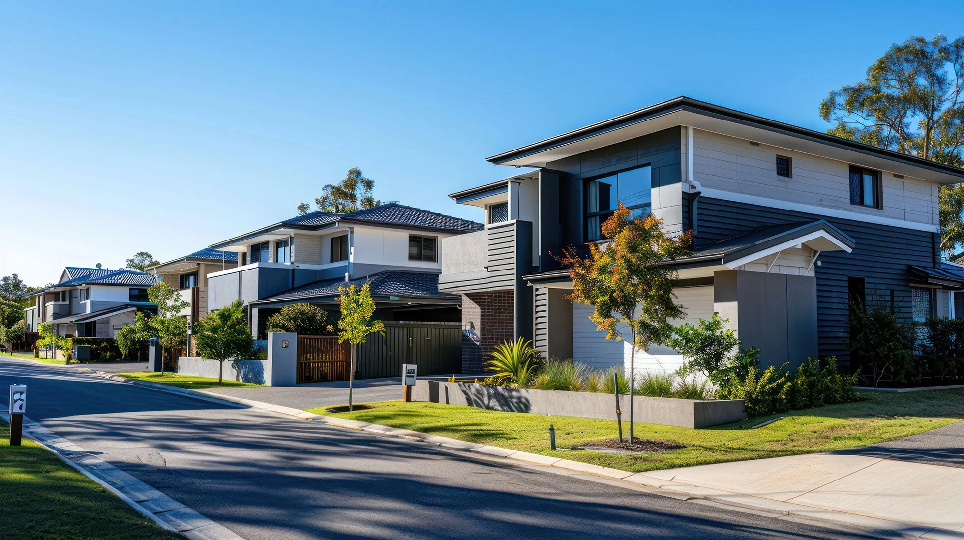 A row of modern suburban houses with well-maintained lawns, small trees, and driveways, under a clear blue sky.