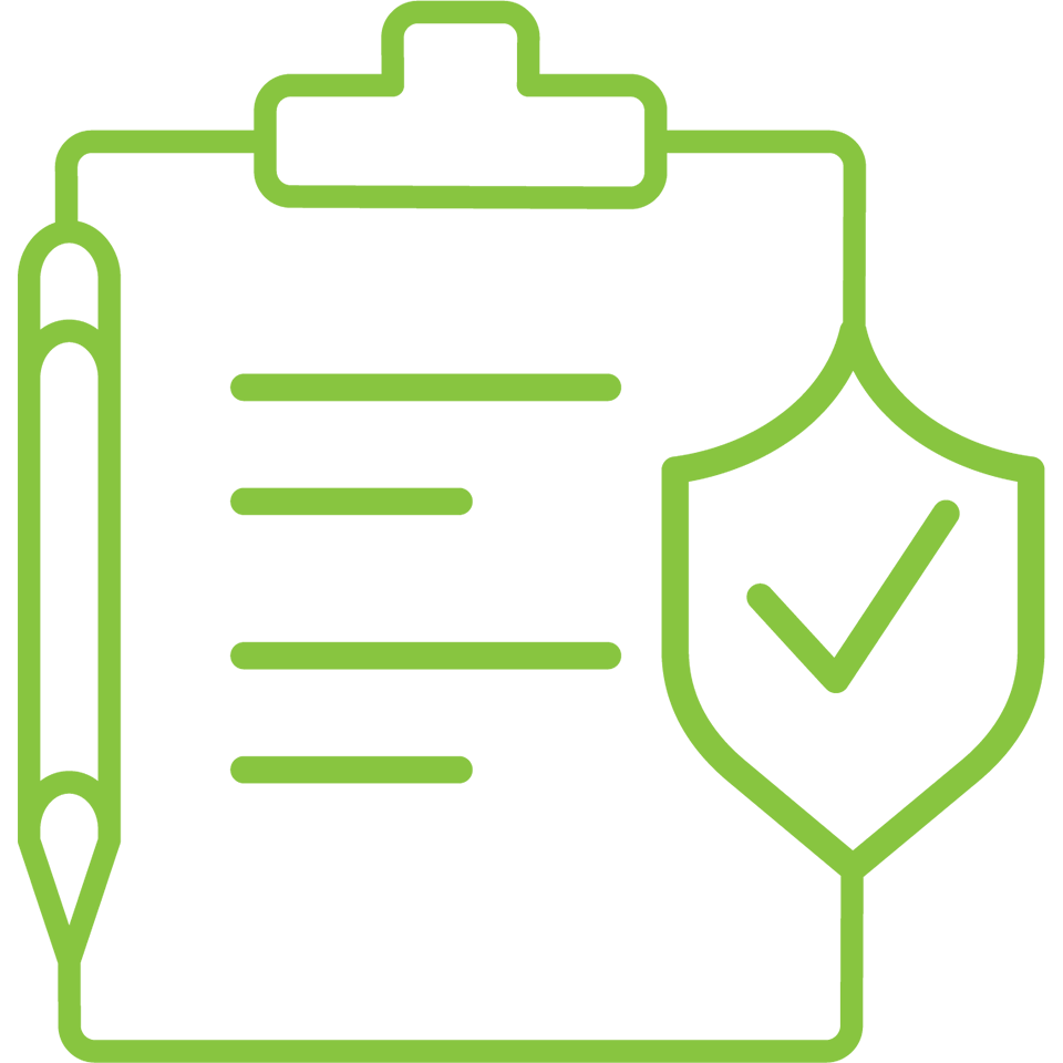 A green outline of a clipboard with paper, a pen on the left side, and a shield with a checkmark on the right side.