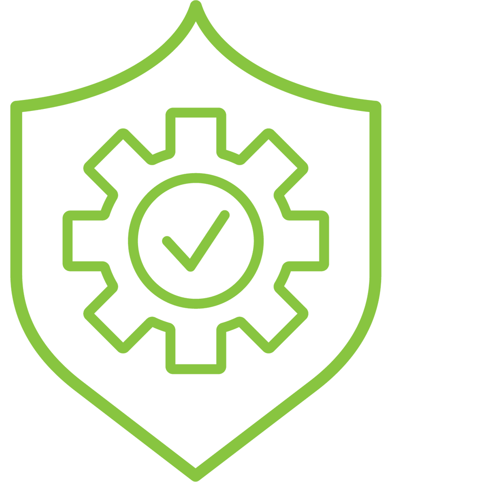 Green outline of a shield with a gear and check mark inside, symbolizing security or safety assurance.
