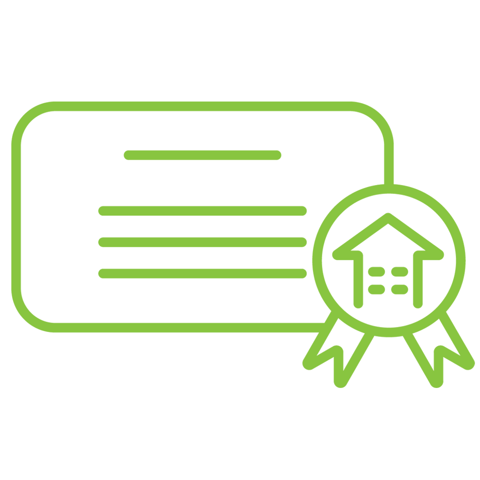 Certificate icon with a ribbon and house symbol in green outline.