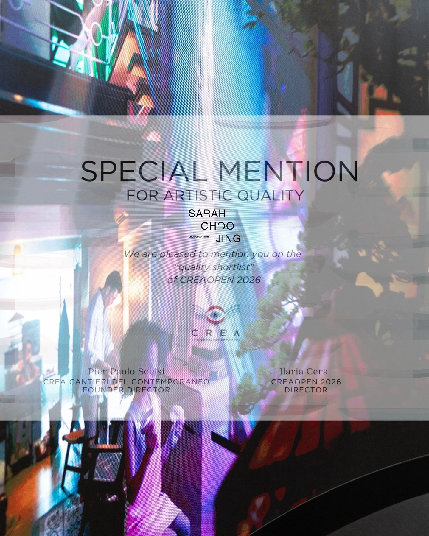 A small piece of good news this week.

Holding Time Gently has been shortlisted for CREA OPEN 2026 in Venice, with a Special Mention for Artistic Quality.

Mostly just feeling grateful for the many people who&rsquo;ve worked alongside me on different