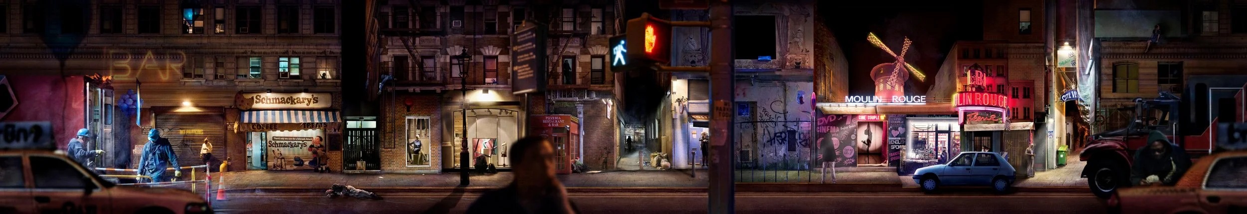 Nighttime city street scene with various illuminated signs and storefronts, including a theater marquee for Moulin Rouge, pedestrians, parked cars, and a police officer.