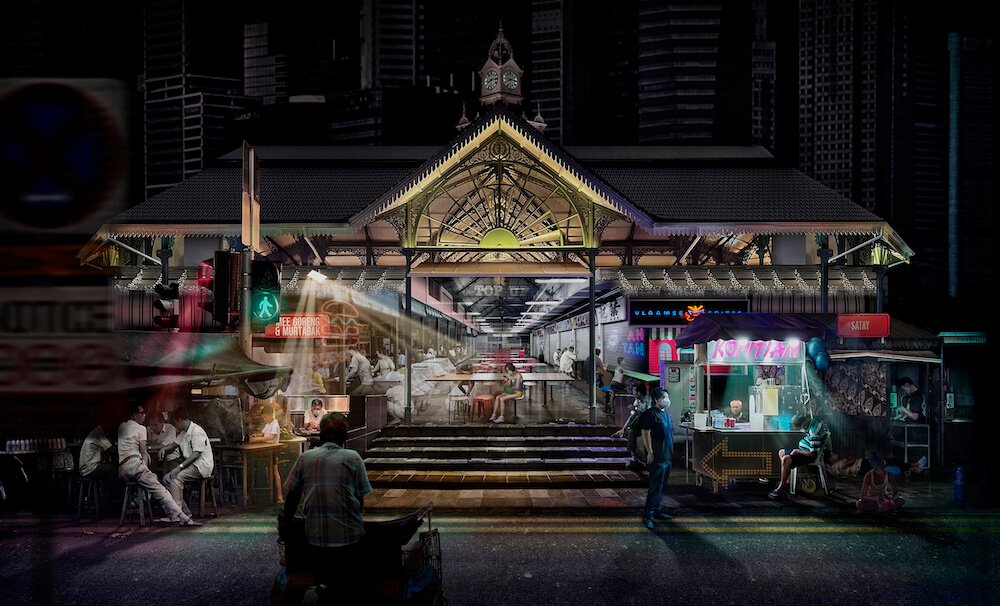 Nighttime scene of a bustling urban street food market with a vintage-style train station in the background, colorful food stalls, and people dining and walking.