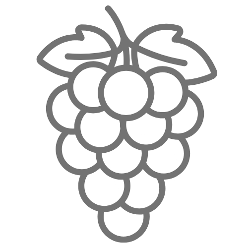 Line drawing of a bunch of grapes with a leaf at the top.