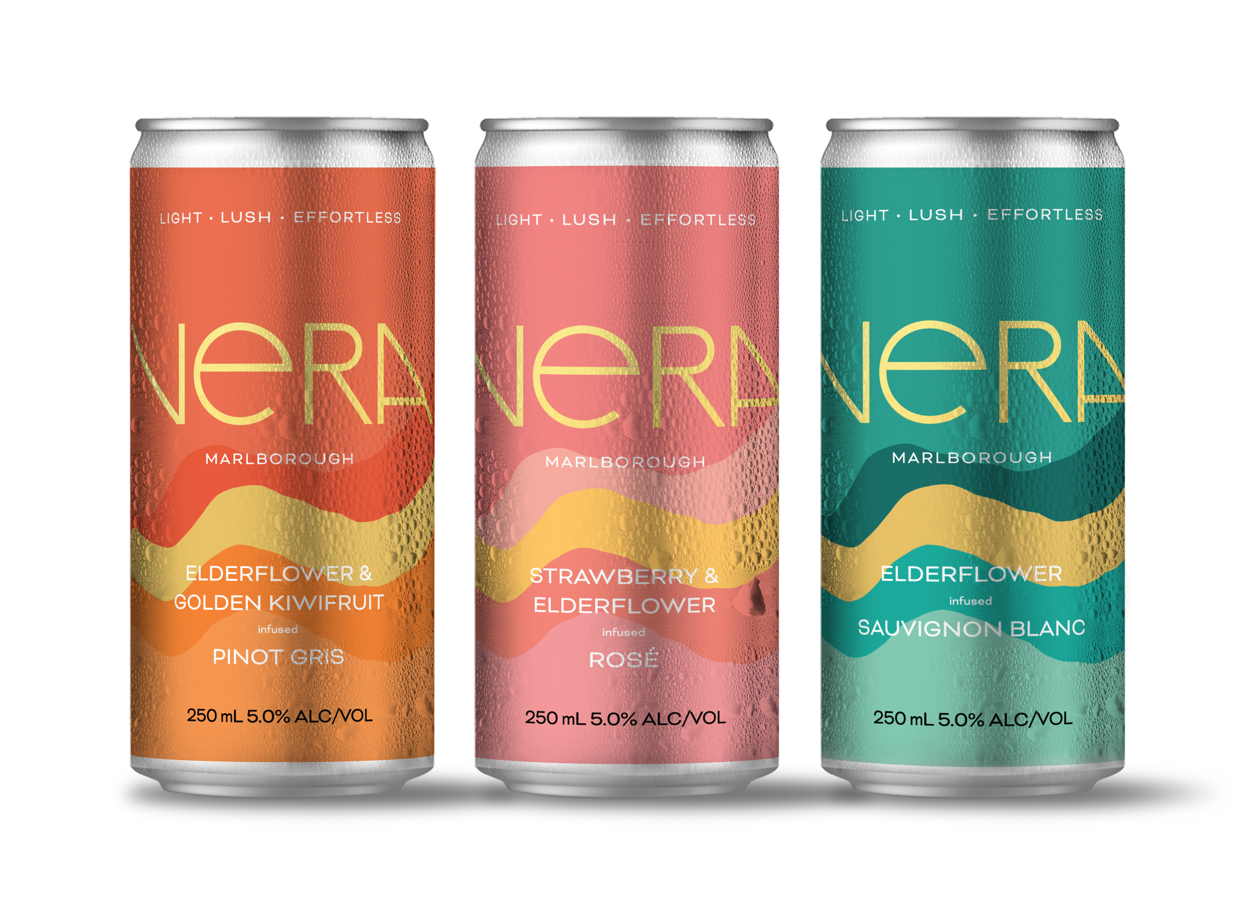 Three cans of Vera Seltzers, each with a different flavor and color scheme. The first is Elderflower & Golden Kiwifruit, the second is Strawberry & Elderflower Rosé, and the third is Elderflower infused Sauvignon Blanc, all 250 mL with 5% alcohol.