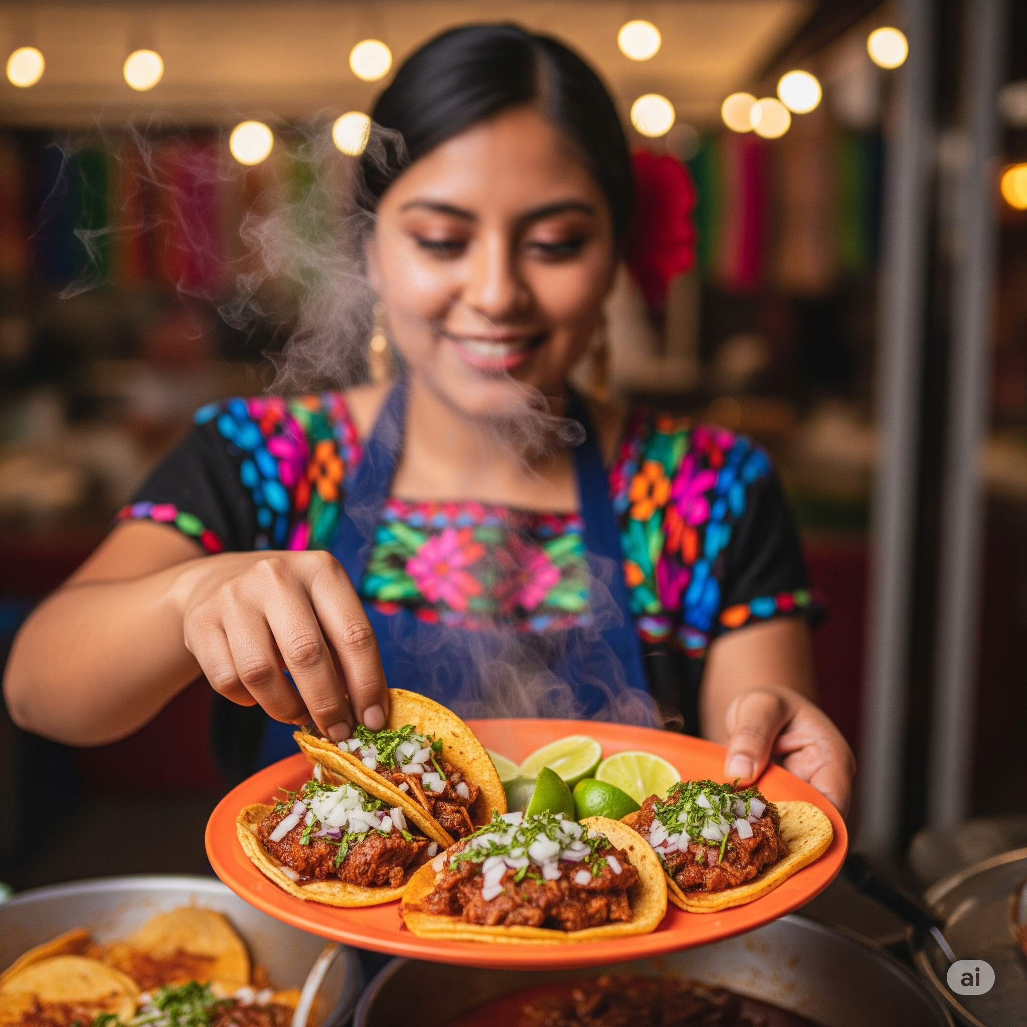 A woman in colorful traditional Mexican attire serving birria tacos with steamy meat, chopped onions, cilantro, and lime wedges on an orange plate.