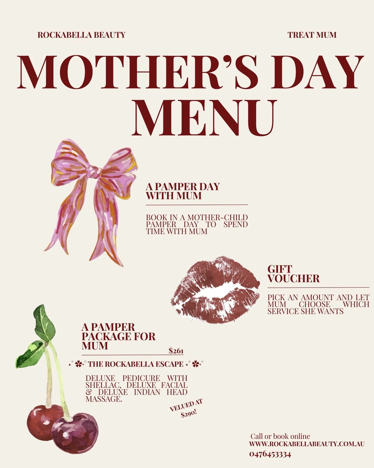 Mother&rsquo;s Day is coming&hellip; don&rsquo;t be the child or partner that forgets 🫢💐
Book her in, grab a pamper package, or secure a gift voucher! (It&rsquo;s an easy win!!) 
.
.
.
#rockabellabeauty #mothersday2026 #treatmumthismothersday