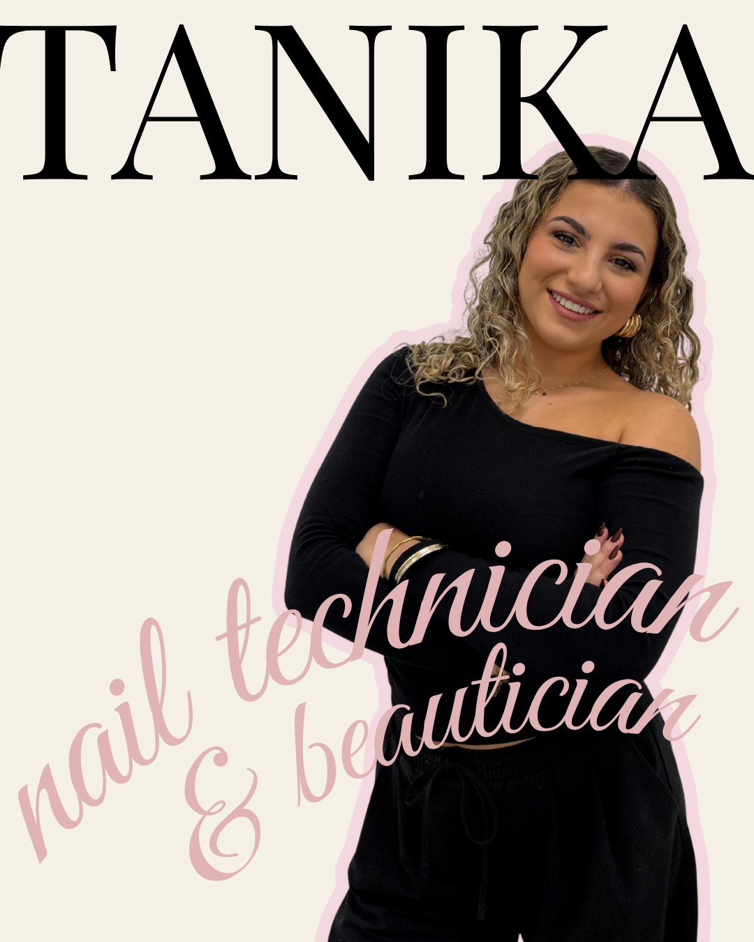 A woman with curly blonde hair smiling, wearing a black off-shoulder top, with text overlay that says 'TANKA' and 'nail technician & beautician' in pink cursive on a light background.