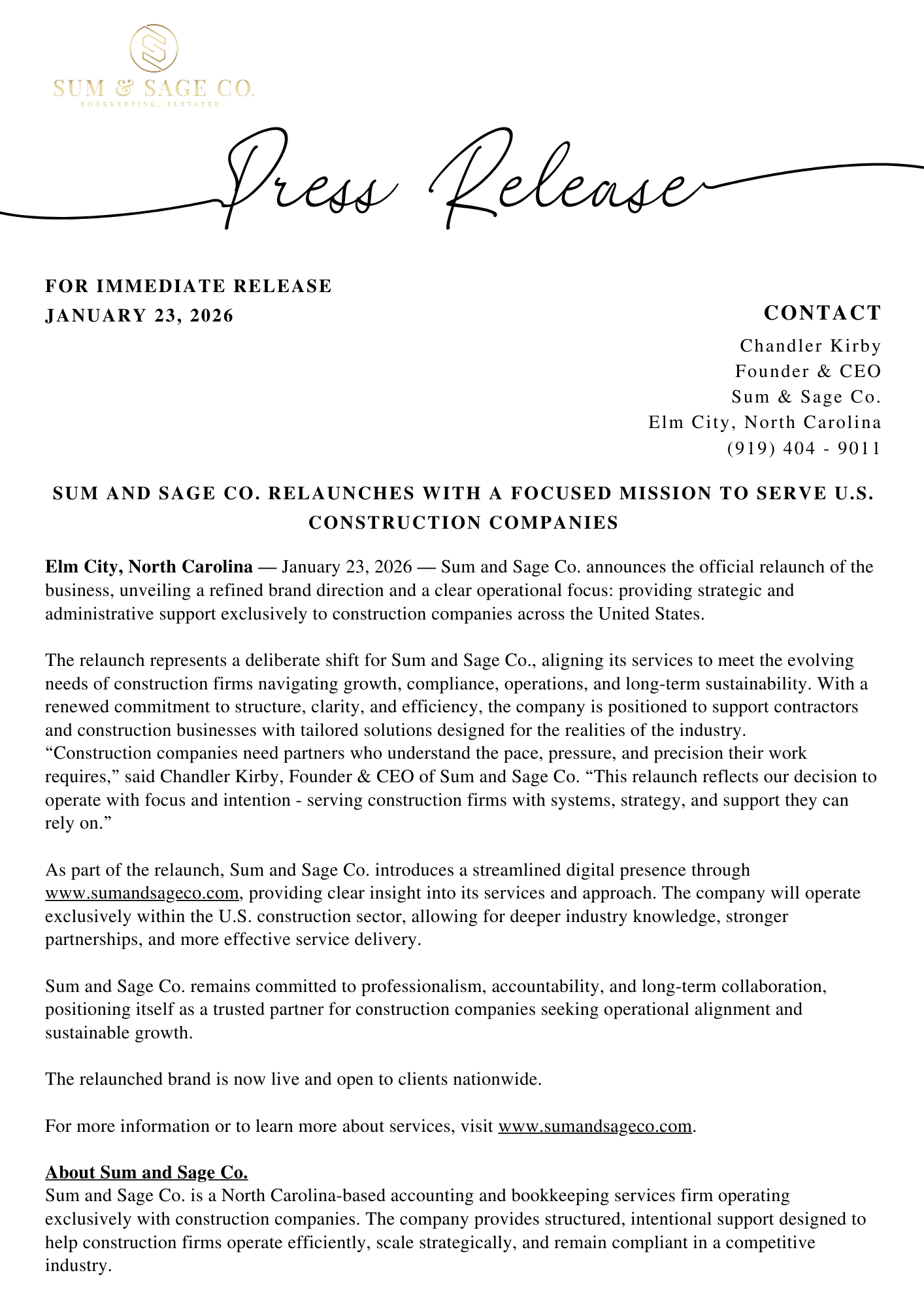 Sum and Sage Co. Relaunches With a Focused Mission to Serve U.S. Construction Companies