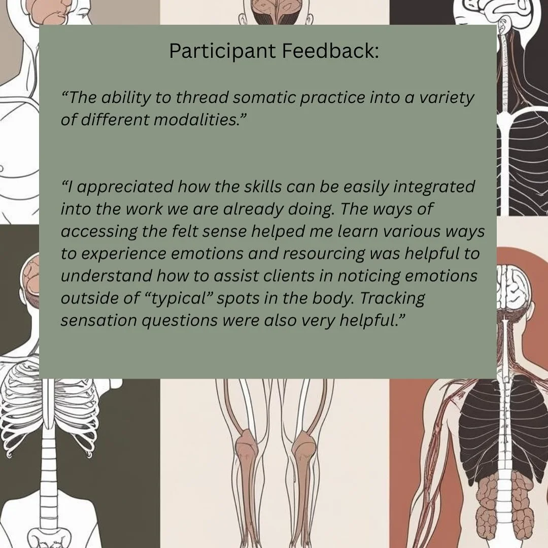 Somatic Interventions for Therapists Part 2 - October 11th - is now open to public for registration! 

Part 1 set the foundations and philosophy of somatic approaches. We spent time on understanding Felt Sense and Somatic Inquiry.  We also practiced 