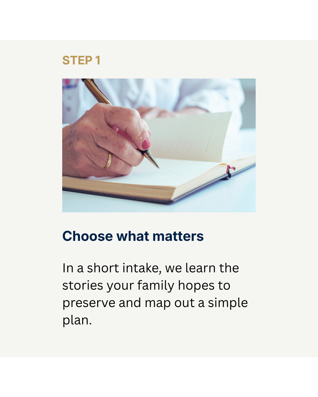 Step 1 Plan The Story - We do a short intake with the family to learn what matters most and create a tailored interview plan.