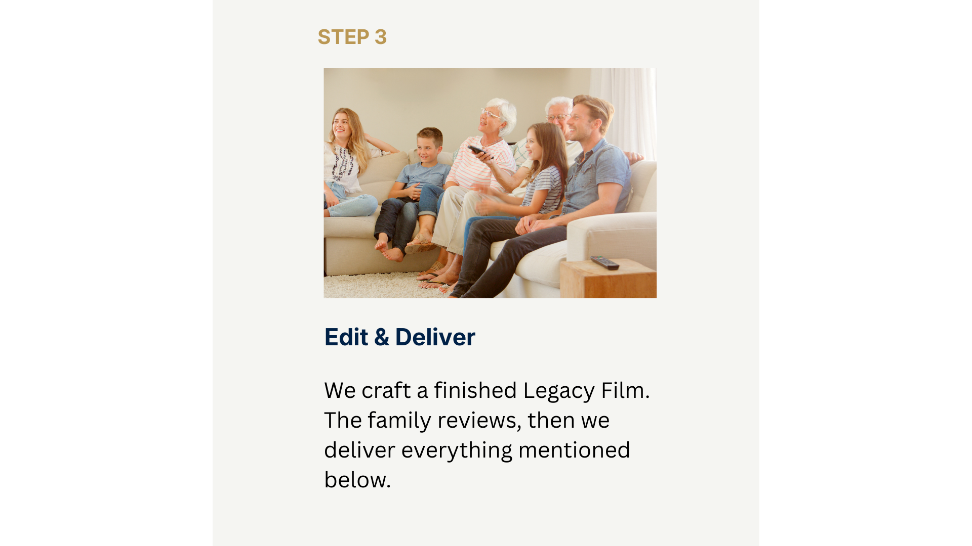 Step 3 Edit & Deliver. We craft a finished Legacy Film. The family reviews, then we deliver everything mentioned below.