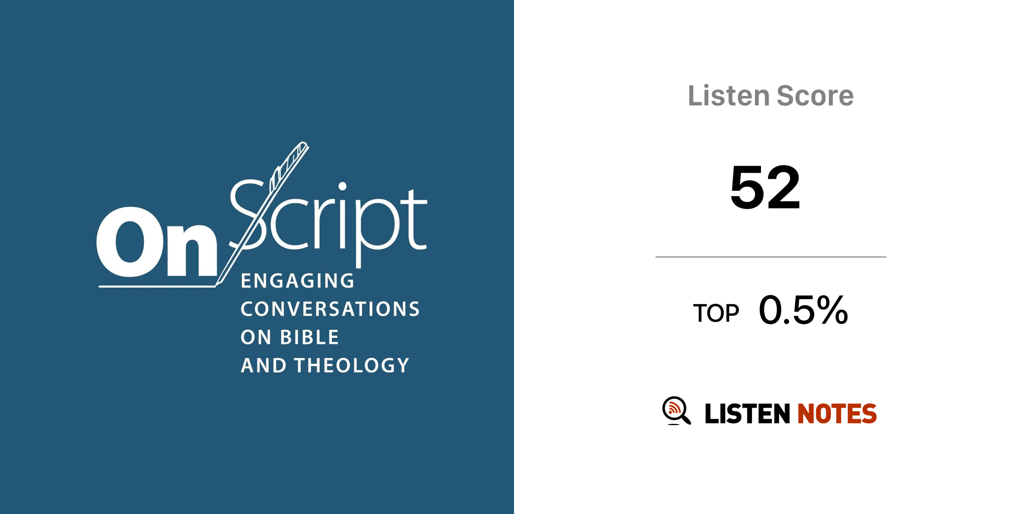 On Script logo with a quill, and a listening score of 52, top 0.5%, with a listen notes icon and text.