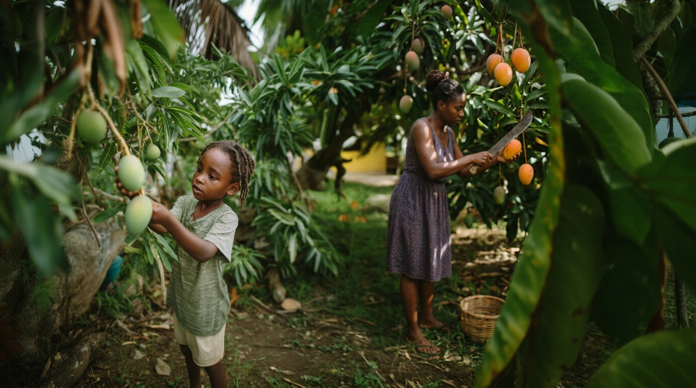 A child and his mother pluck mango from mango trees