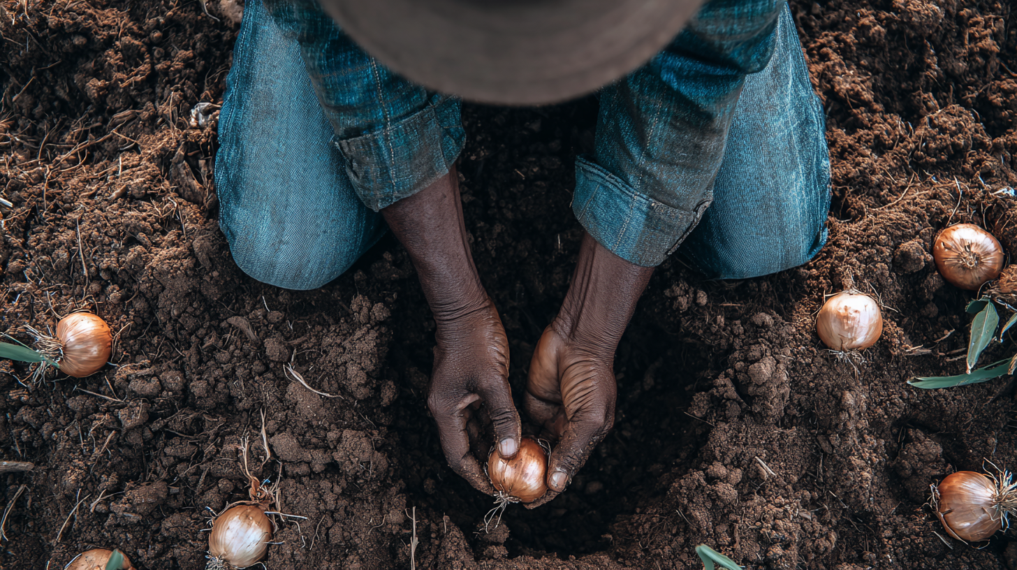 An African American farmer plants onion bulbs in the soil