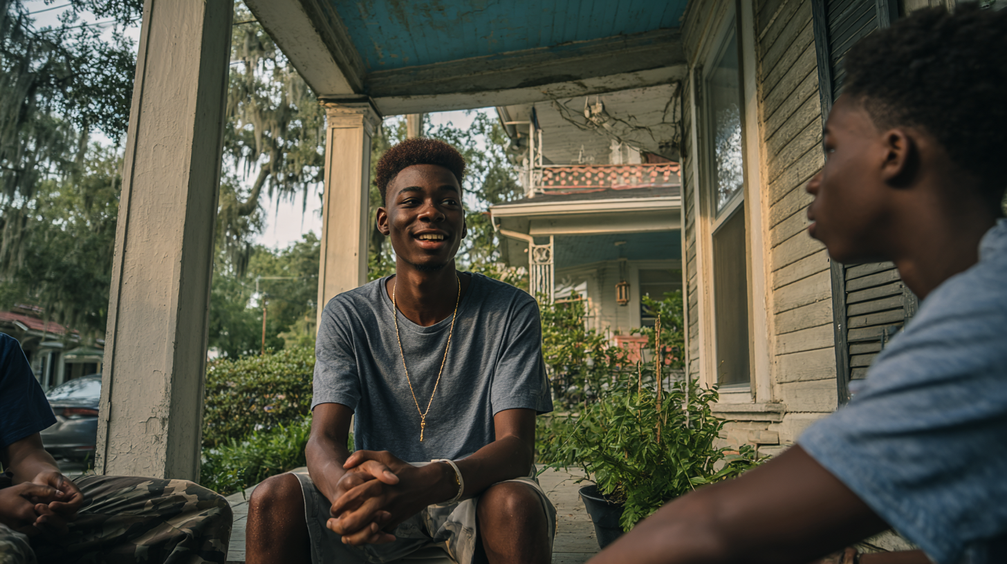 African American teen boys happily commune on the porch of a Southern family home