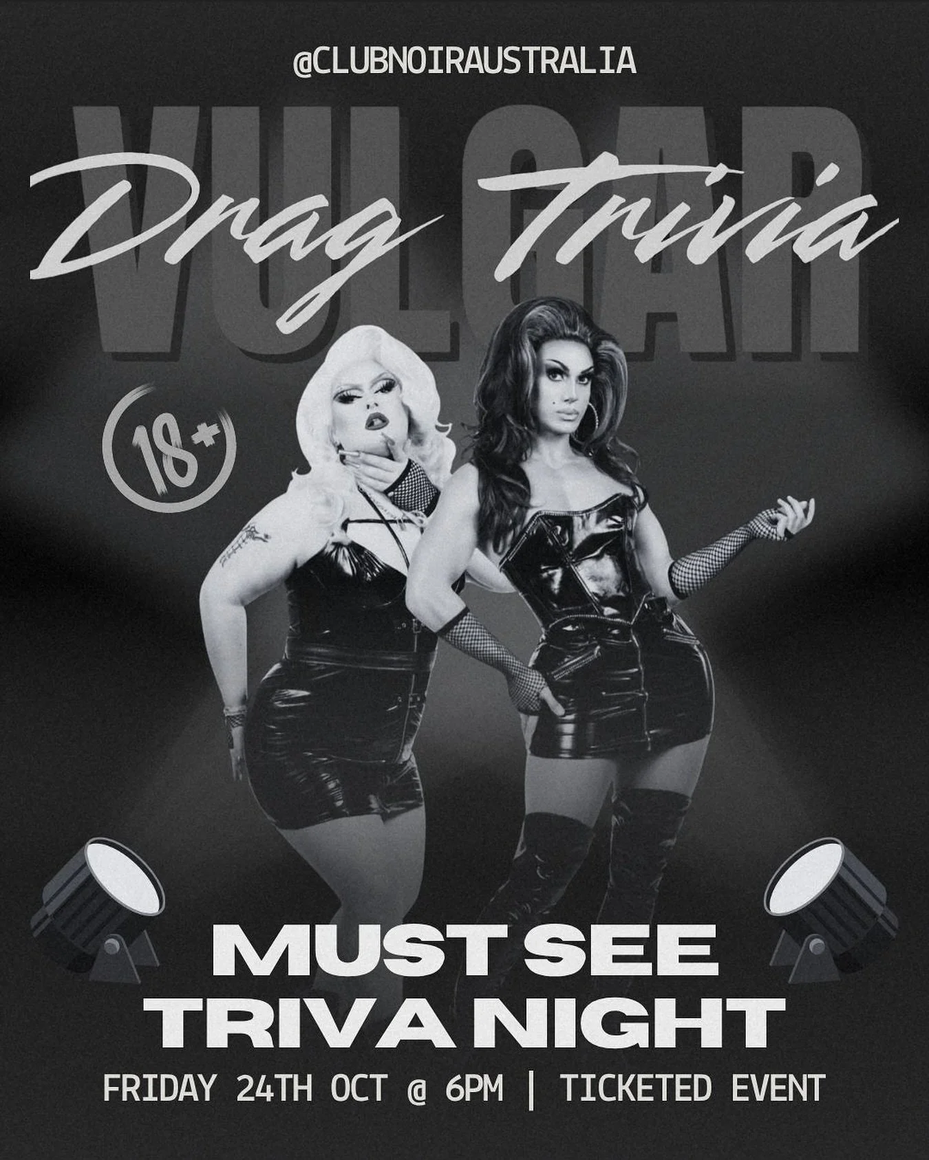 Last chance, queens and kings! ✨
This Friday night, Club Noir is turning up the heat with the most vulgar, hilarious, and outrageous trivia night in town! 🎤💃 
Hosted by the fabulous @terry.daktyl & @dragshowsau , you can expect laughs, sass,