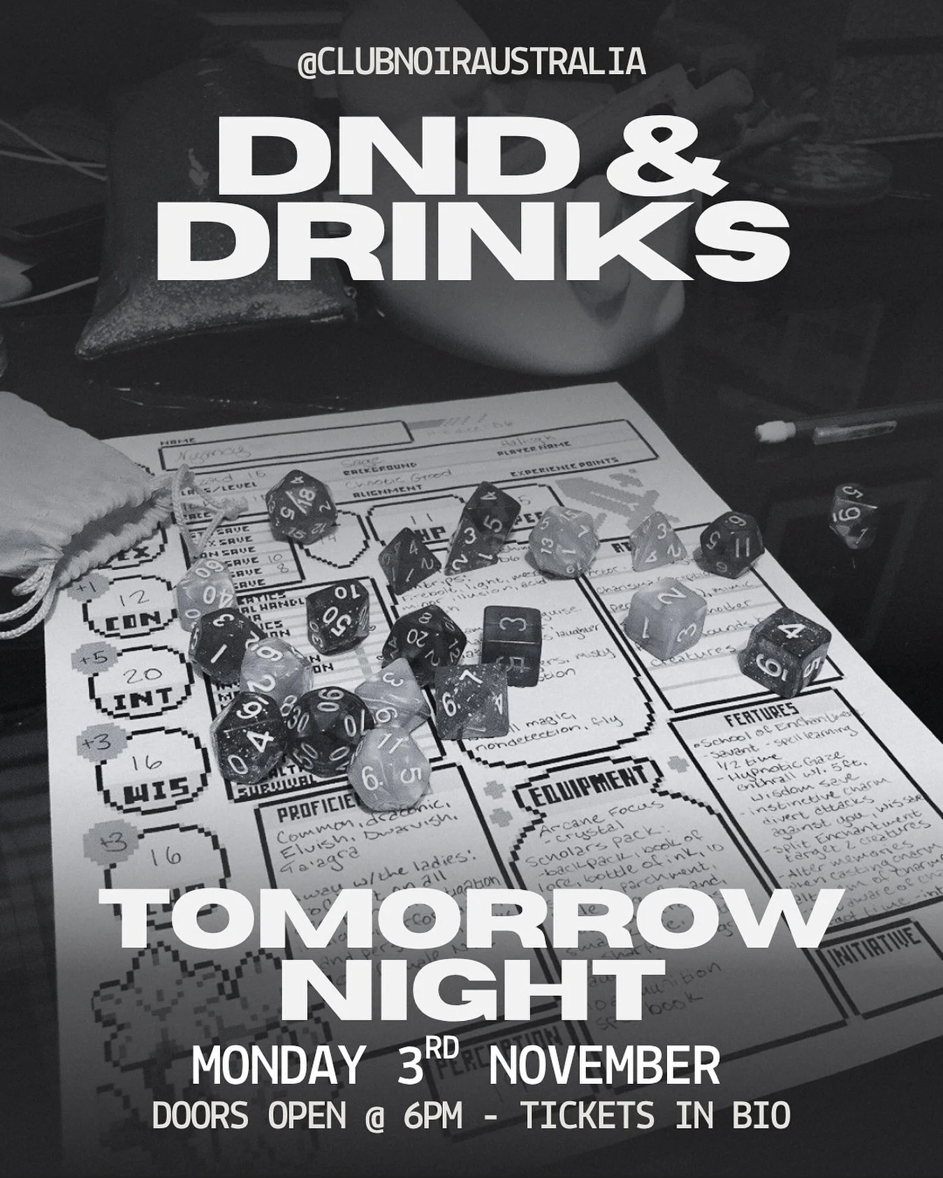 Roll for initiative&hellip; and a cocktail! 🎲🍹

Join us tomorrow night for Dungeons &amp; Dragons &amp; Drinks. Epic quests, legendary laughs, and maybe a critical hit or two at the bar. See you there!

📍 Club Noir | ⏰ 6PM | 🎟️ Tickets linked in 