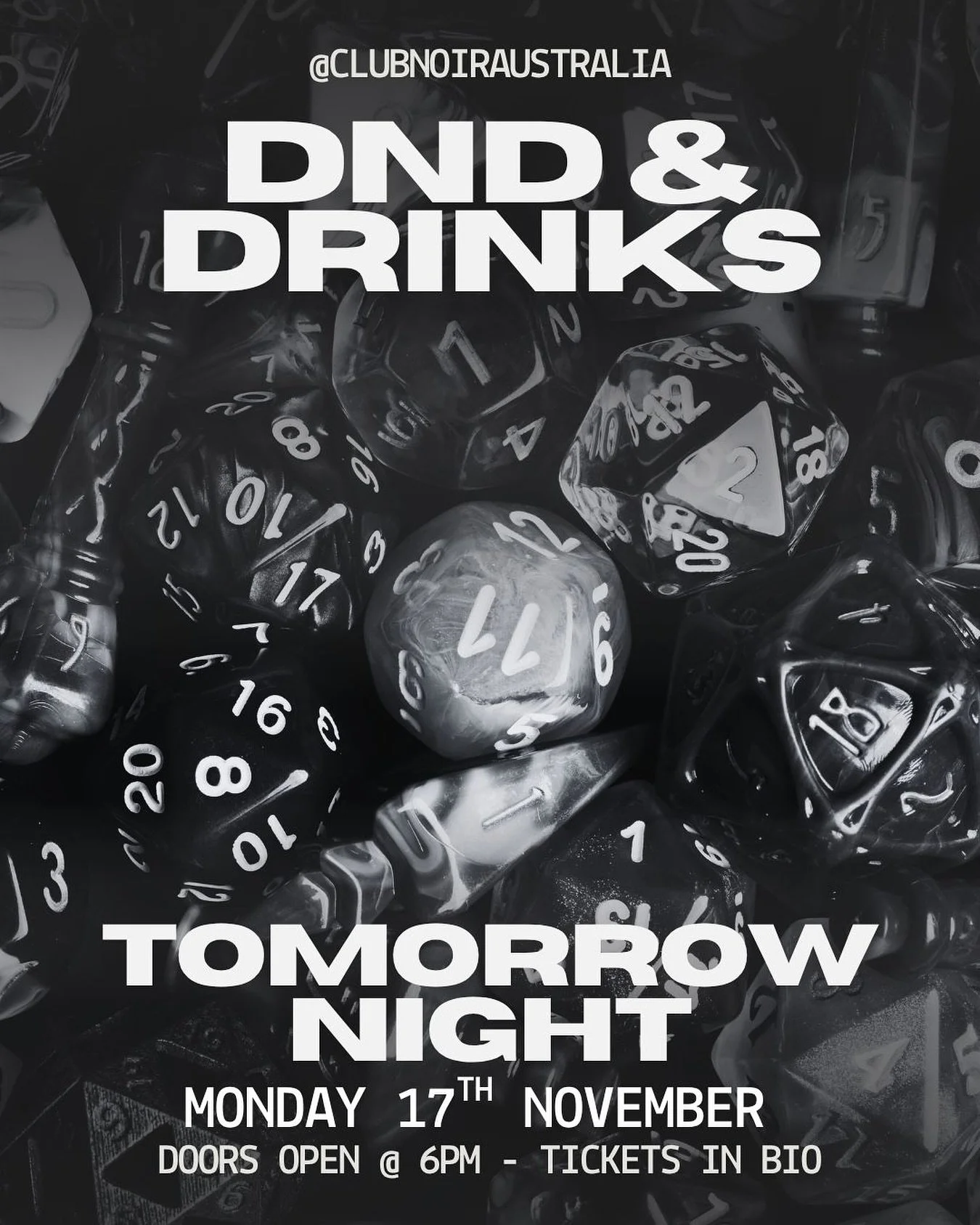 Tomorrow night&rsquo;s forecast: 90% chance of critical fails and questionable decisions 😏🎲
 Join us for D&amp;D Night at Club Noir &mdash; great company, chaotic energy, and quests that&rsquo;ll keep you rolling.
 🎟️ Tickets in bio

#clubnoir #cl