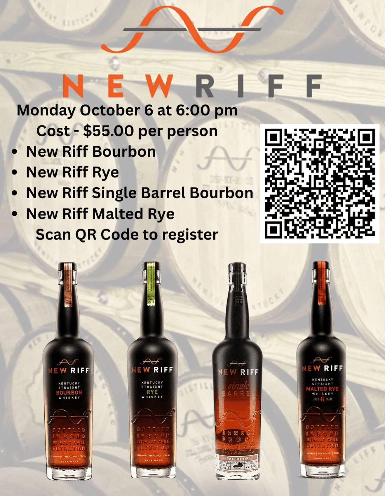 This coming Monday!! Hurry and grab a space! Enjoy a beautiful evening learning from one of the best! Scan the QR code today! #newriff #bourbon #bourbontasting #friends #bourbonlover