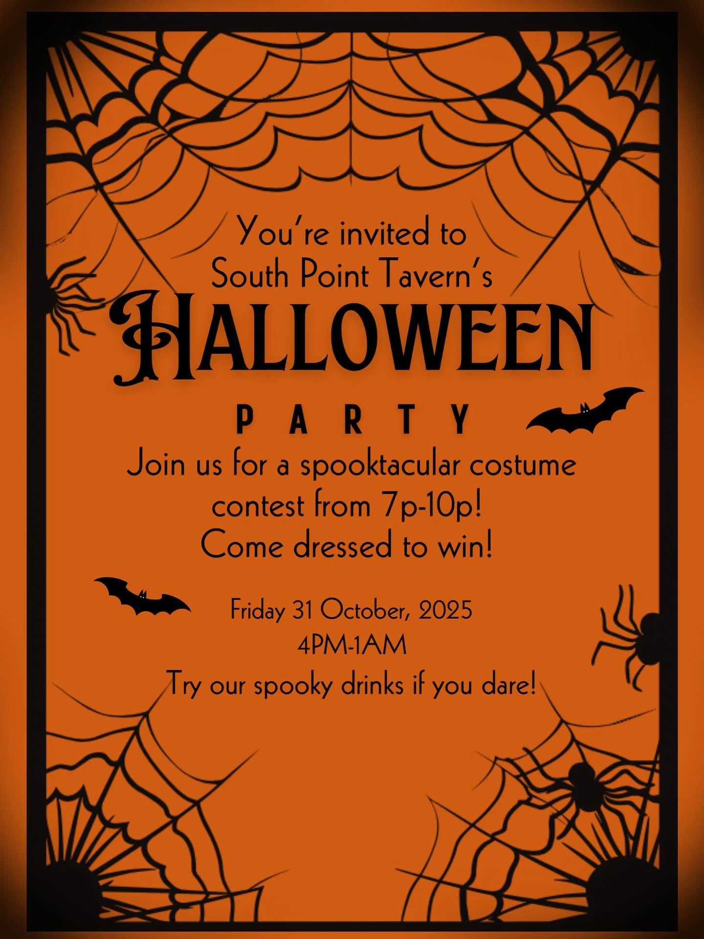 Spend Halloween at South Point Tavern!
The bartenders will judge the best costume by 10pm! Stop in to win! We also will have delicious SPOOKY drinks👻💀can’t wait to see you!!🎃#halloween #costumecontest #spookydrinks #cocktails #martini