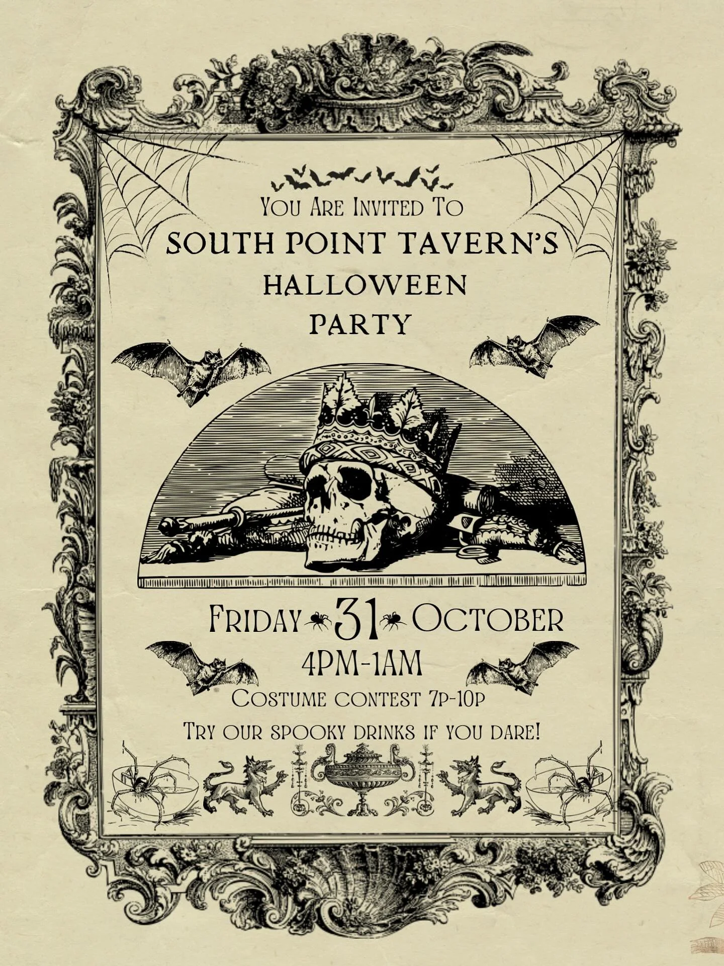 Spend Halloween at South Point Tavern!
The bartenders will judge the best costume by 10pm! Stop in to win! We also will have delicious SPOOKY drinks👻💀can’t wait to see you!!🎃#halloween #costumecontest #spookydrinks #cocktails #martini