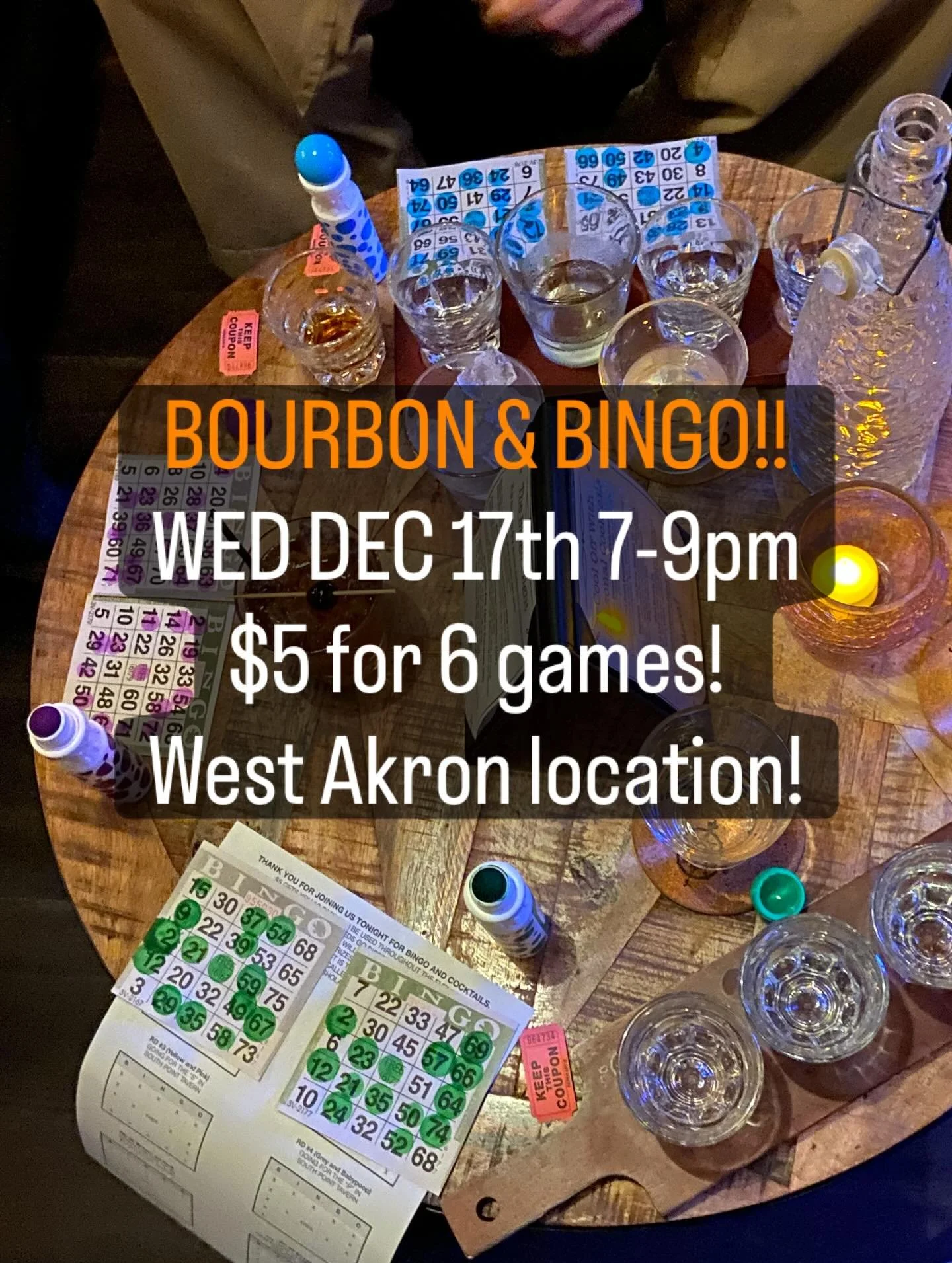It&rsquo;s almost time for BOURBON &amp; BINGO again!! $5 for 6 games! All money from cards and 10% of the sales will go to the Akron-Canton Regional Food Bank! Come on out &amp; have fun with us for a good cause!! Great prizes! Try our holiday cockt