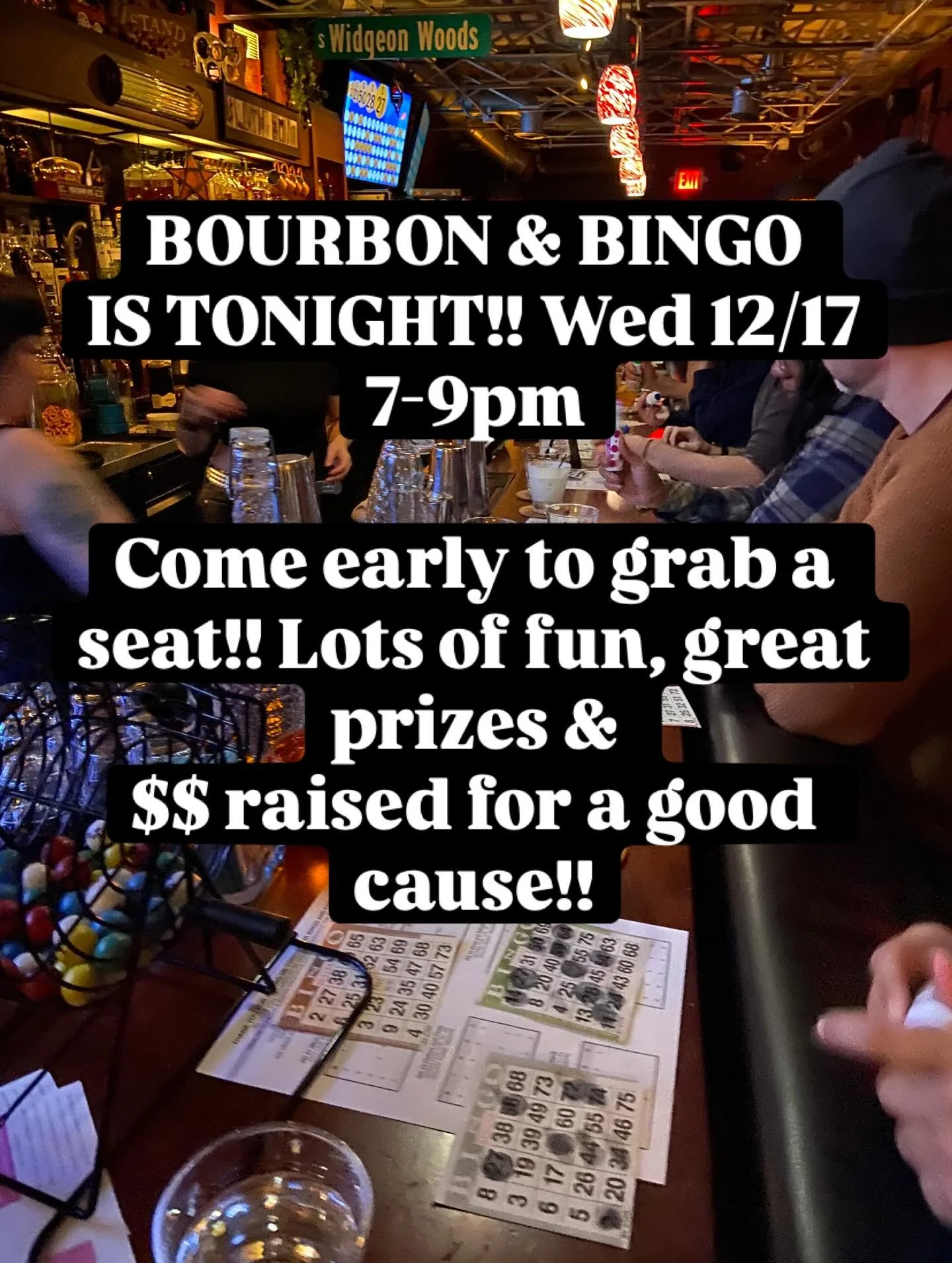 BOURBON &amp; BINGO is tonight!! Wednesday 12/17 from 7pm-9pm!! $5 for 6 games! West Akron location 1947 W Market in the plaza behind CVS. Money raised will go to the Akron Canton Regional Food Bank! Come support a great cause while having a great ti