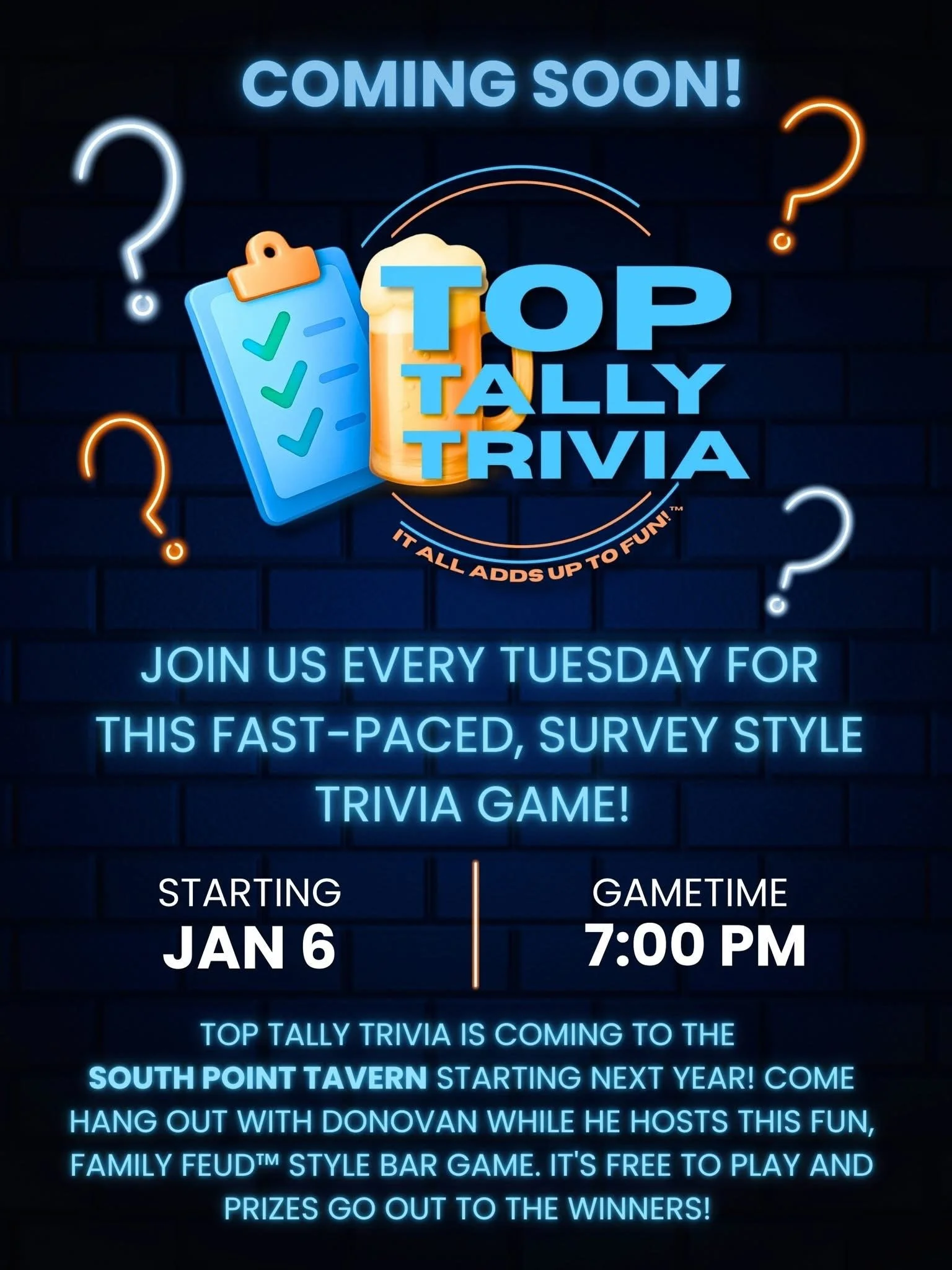 Beginning Tuesday January 6th at the West Akron location we will have TOP TALLY TRIVIA! Come out to see how well you do! Fun prizes &amp; great company!  #trivianight #akronohio #cocktails #bourbon #martini