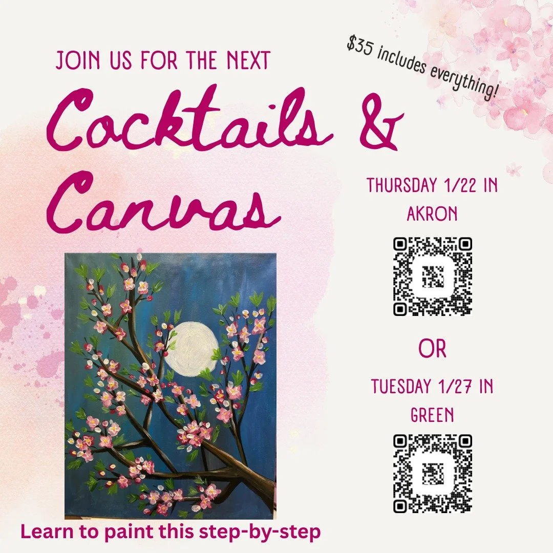 Cocktails &amp; Canvas is back this month!🍸With a step-by-step guided instruction, learn to paint this beautiful moonlit branch with flowers! Sip on SPT's delicious cocktails in a relaxed atmosphere. Sign up to reserve your spot in either Akron on t