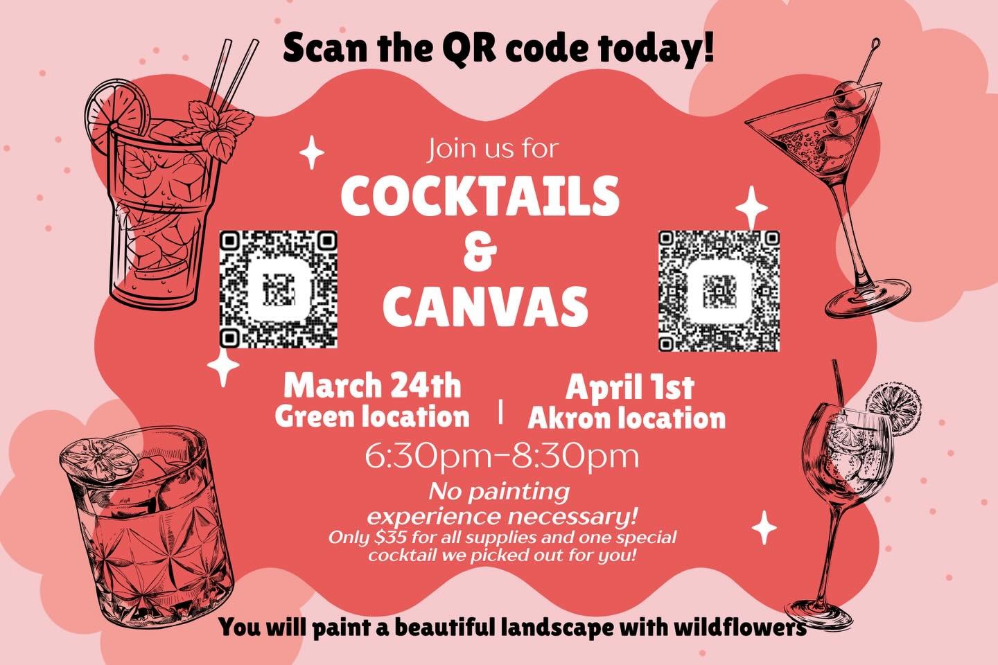 Grab your date and/or some friends and sign up today! No painting experience needed!🎨🖌️You will create a beautiful landscape with wildflowers- step by step!🍸One free cocktail included for all painters! Such a fun night out! Don&rsquo;t miss it! Gr