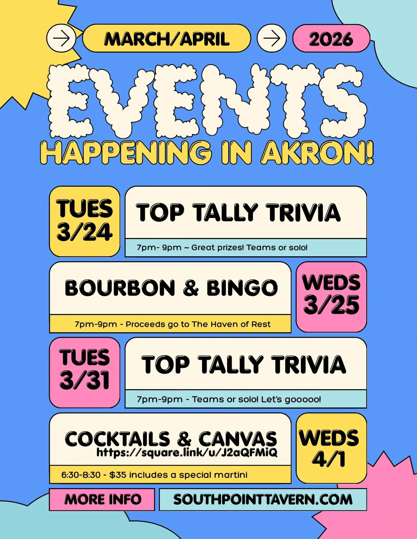 📍Check out what&rsquo;s happening at South Point Tavern West Akron location!!👀👀#bingo #trivia #paintandsip #bourbon #handcraftedcocktails