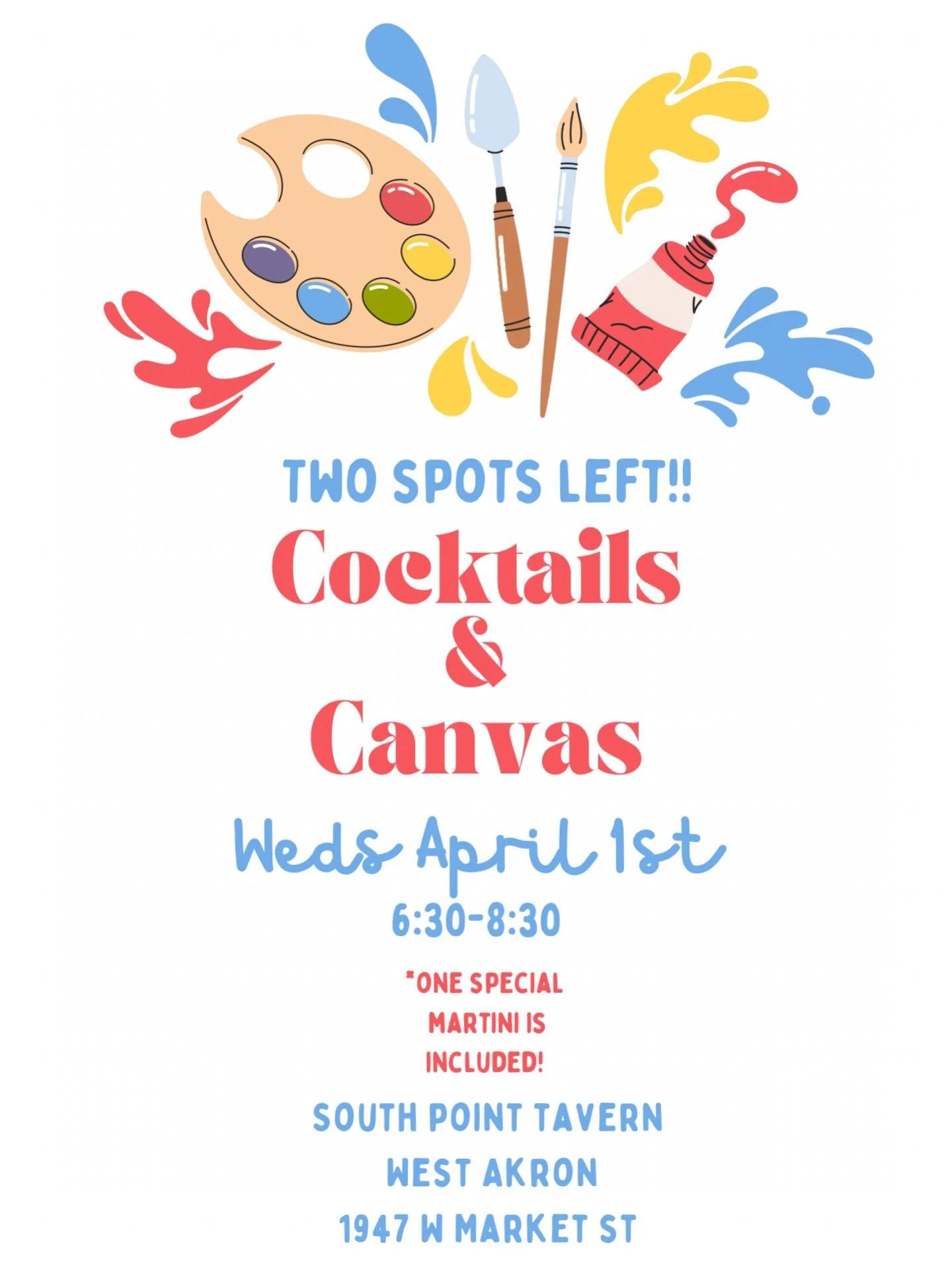 No painting experience needed!🎨Enjoy a step by step guided class and create a beautiful landscape &amp; wildflowers!🌼#paintandsip #martini #akron #wednesday #aprilfirst Grab the last 2 spots this Weds 4/1! One special hand crafted cocktail included