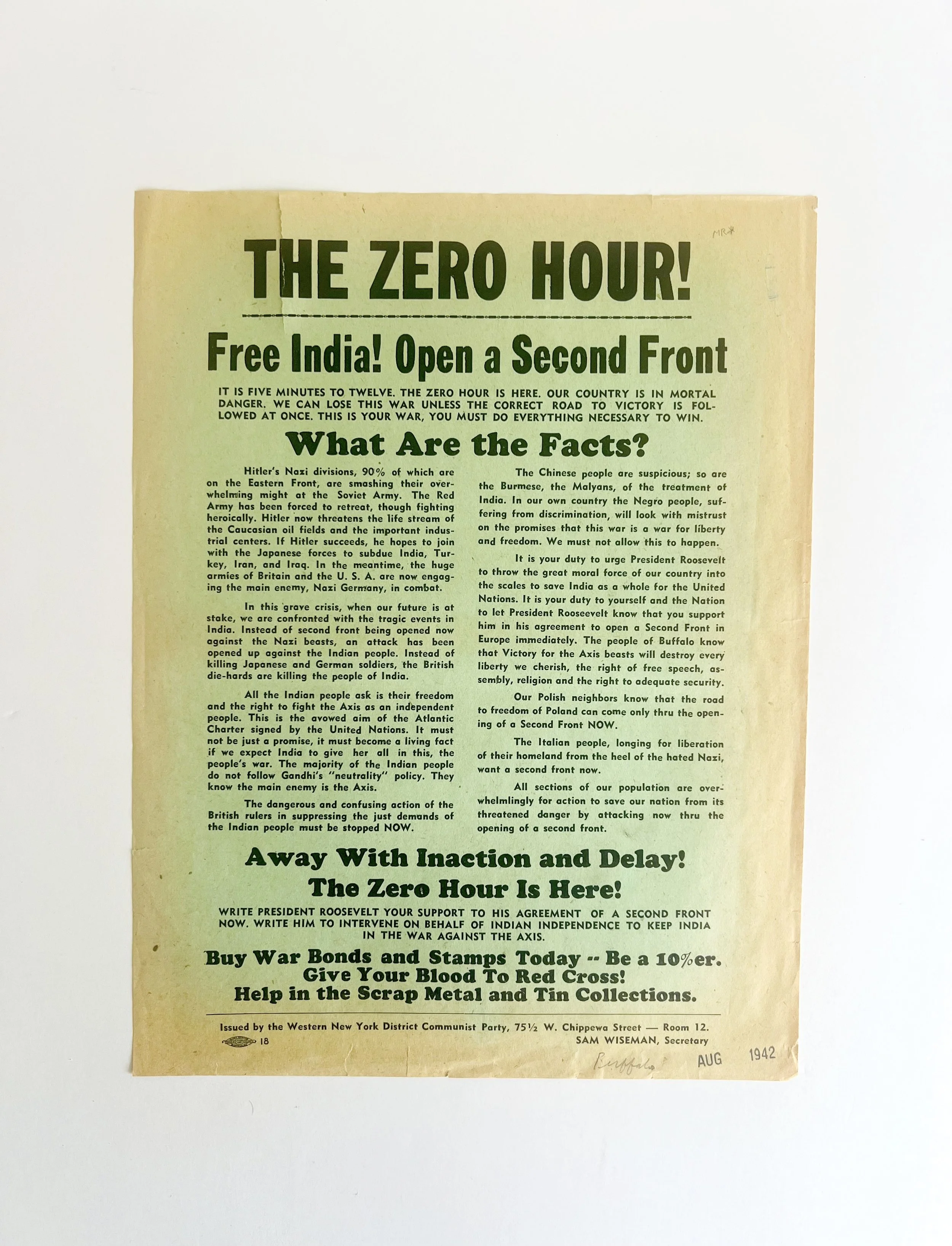 Sam Wiseman. The Zero Hour! Free India! Open a Second Front. [Indian Independence poster, Buffalo NY, 1942].
