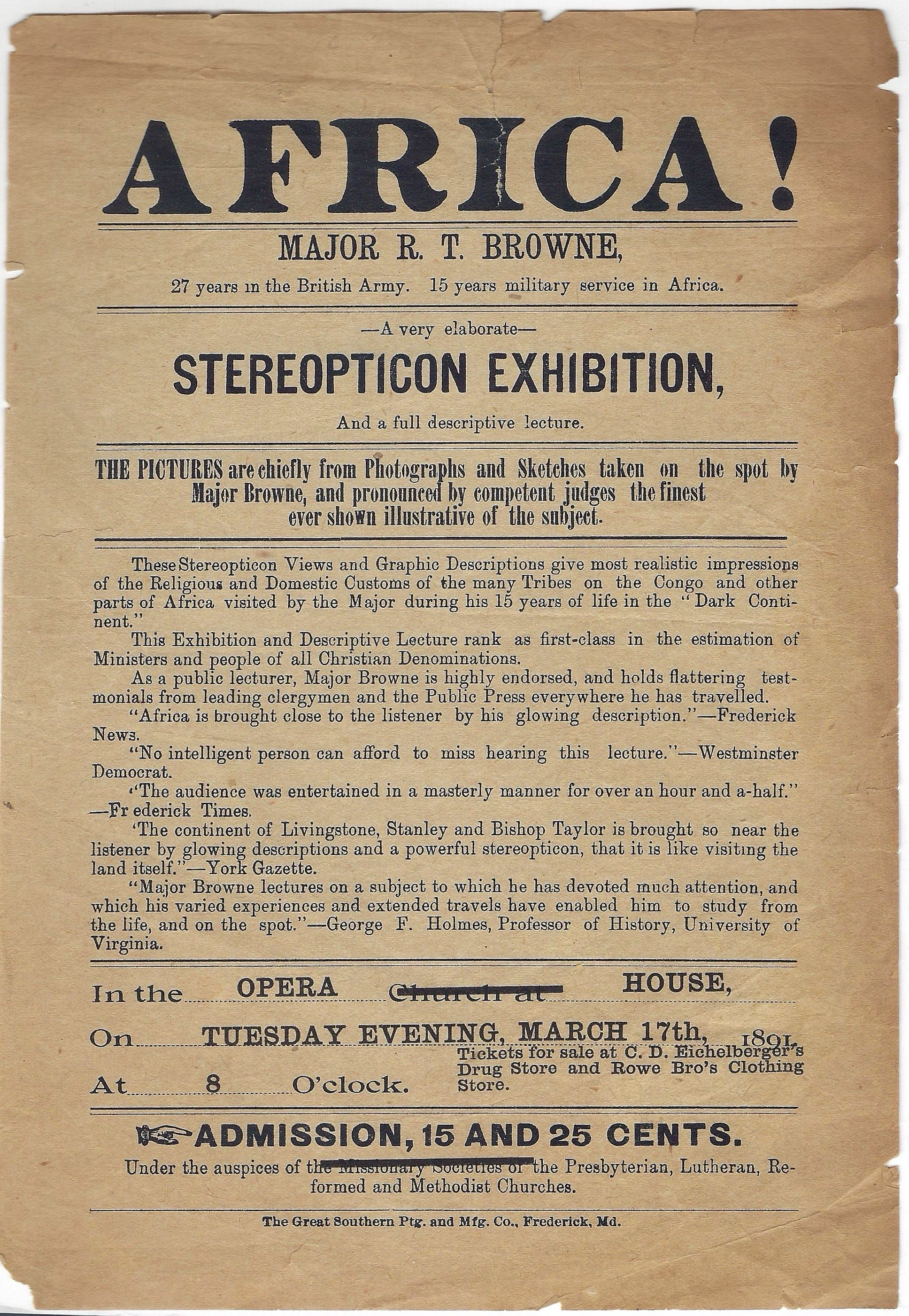[Africa! Lecture by Major R. T. Browne].  The Great Southern Ptg. and Mfg. Co.: Frederick, Maryland. 1891.