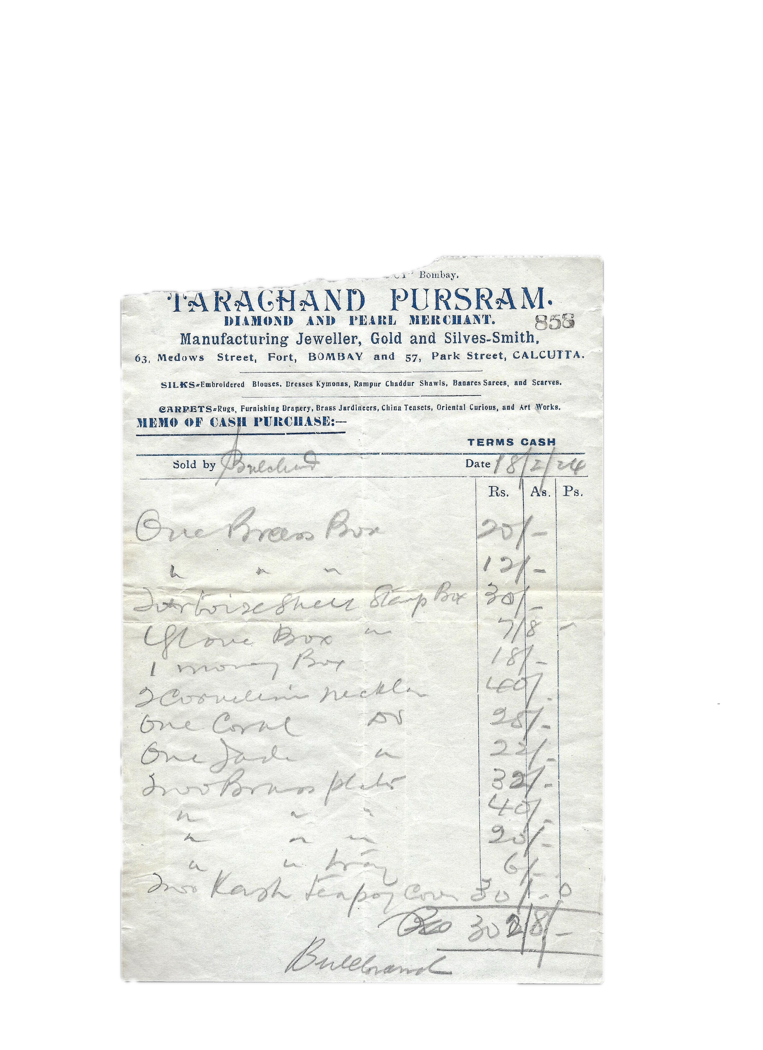 Ordering form for Tarachand Pursram, Diamond and Pearl Merchant. Bombay/Calcutta.