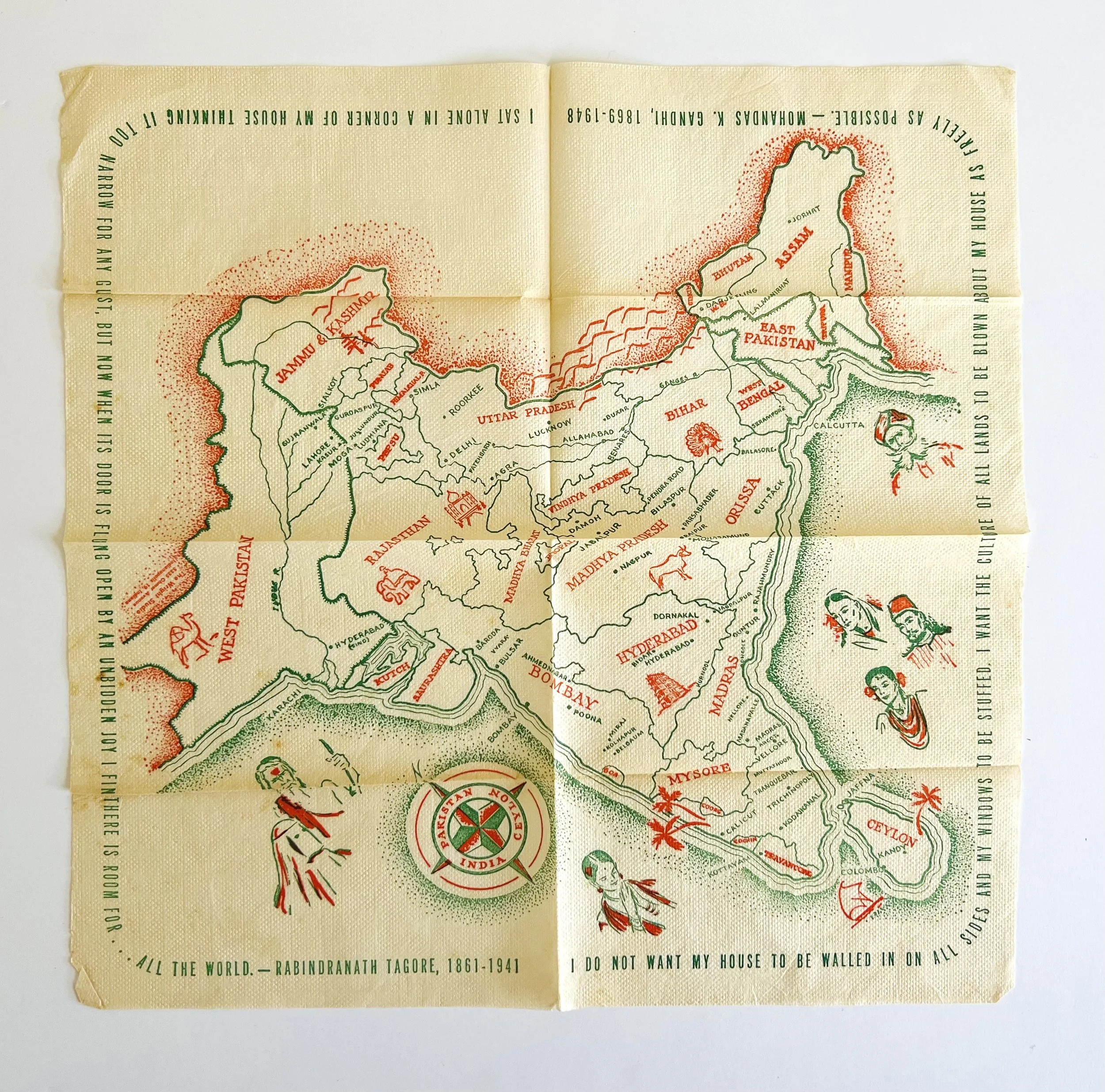 [Napkin-map of post-colonial India]. Indianapolis, circa 1947.