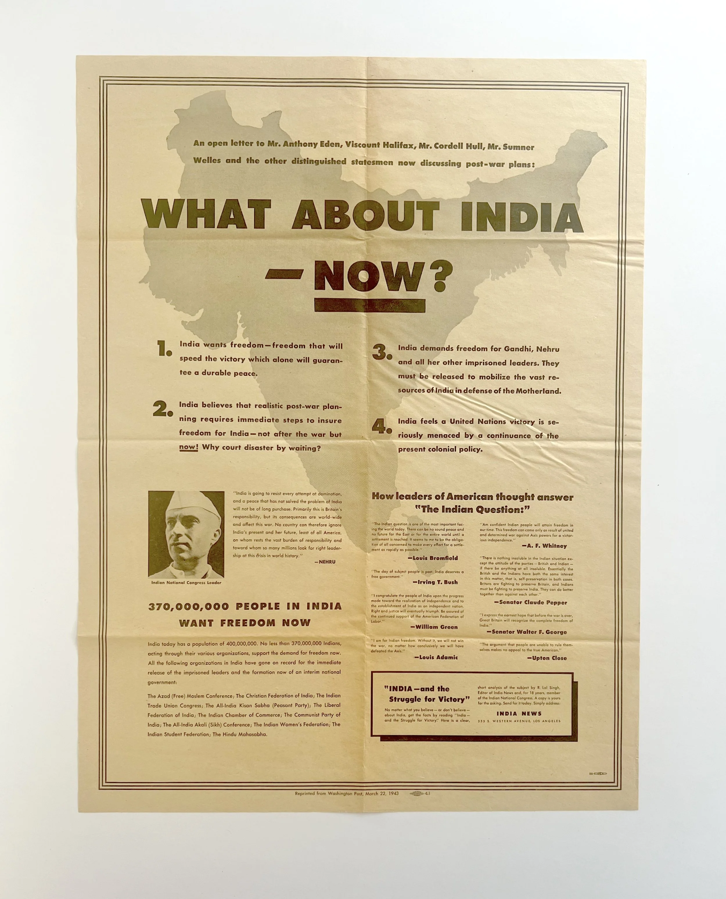 Reginald Lal Singh. What about India – Now? [Indian Independence Poster, LA, 1943].