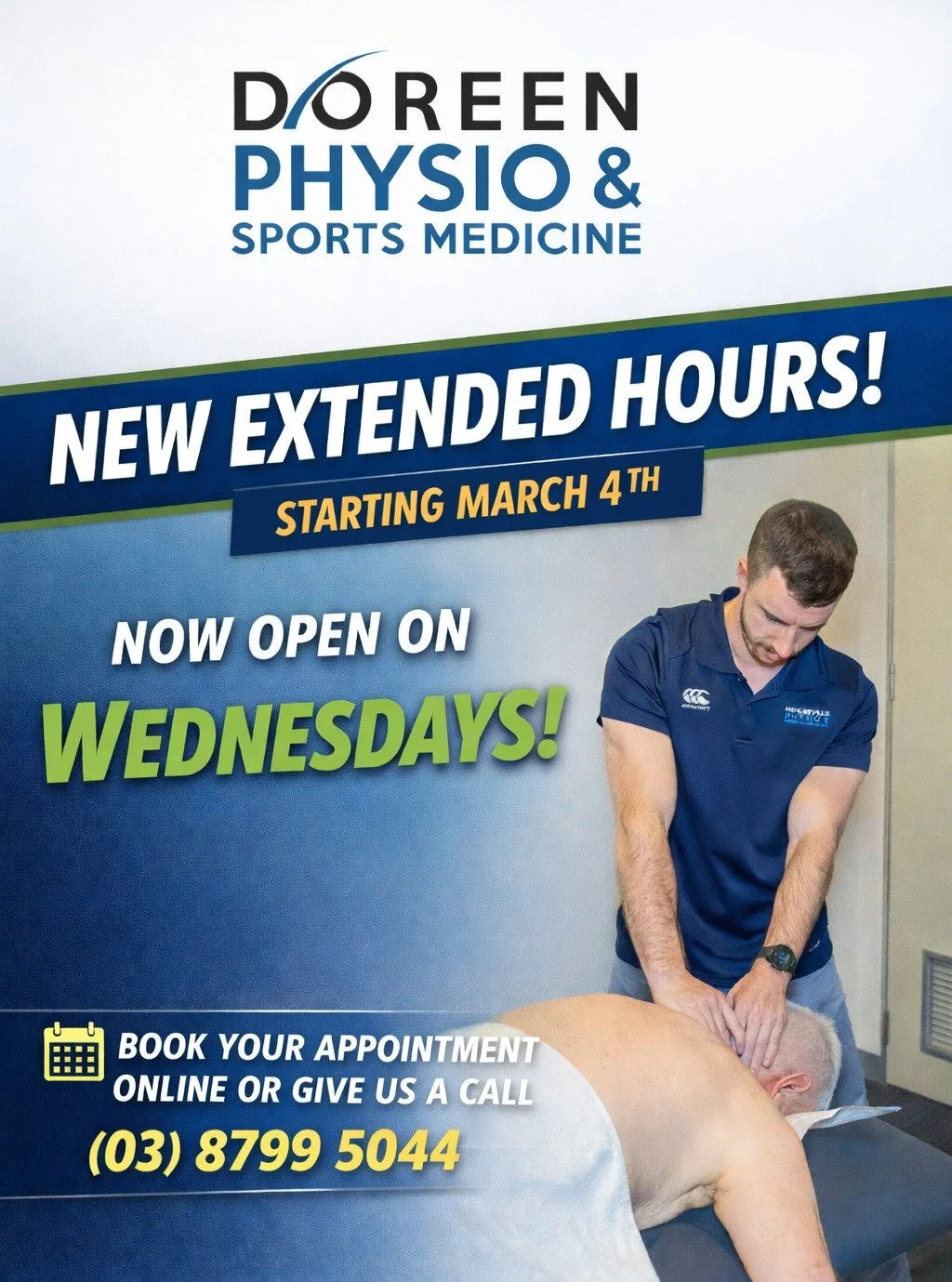 Due to increased demand, we&rsquo;re excited to announce extended business hours at Doreen Physio &amp; Sports Medicine 🙌

We are now open on Wednesdays starting March 4th to better support our community with appointments that suit your schedule.

B