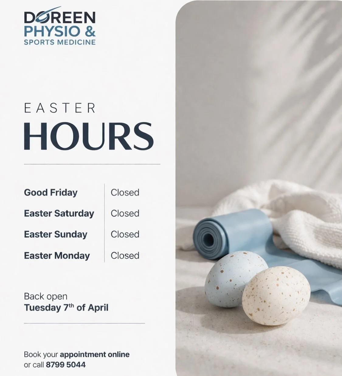 Easter long weekend is coming up 🐣

Here are our updated clinic hours!

📲 Book online or call 8799 5044