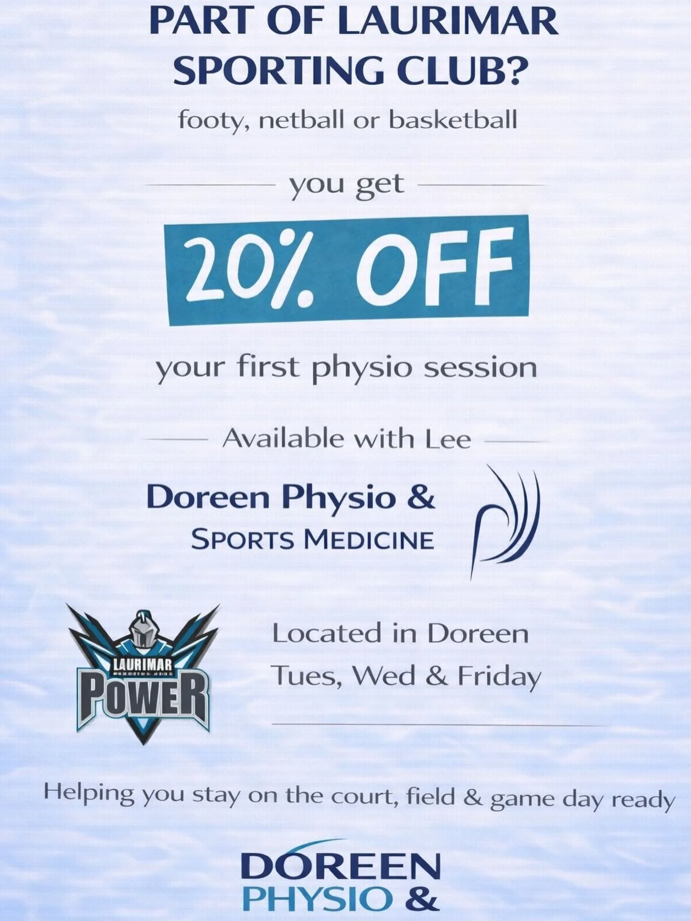 We&rsquo;ve partnered with Laurimar Sporting Club to help keep athletes performing at their best.

Whether you play footy, netball or basketball, all Laurimar members receive 20% off their first appointment with Lee.

Whether you&rsquo;re dealing wit