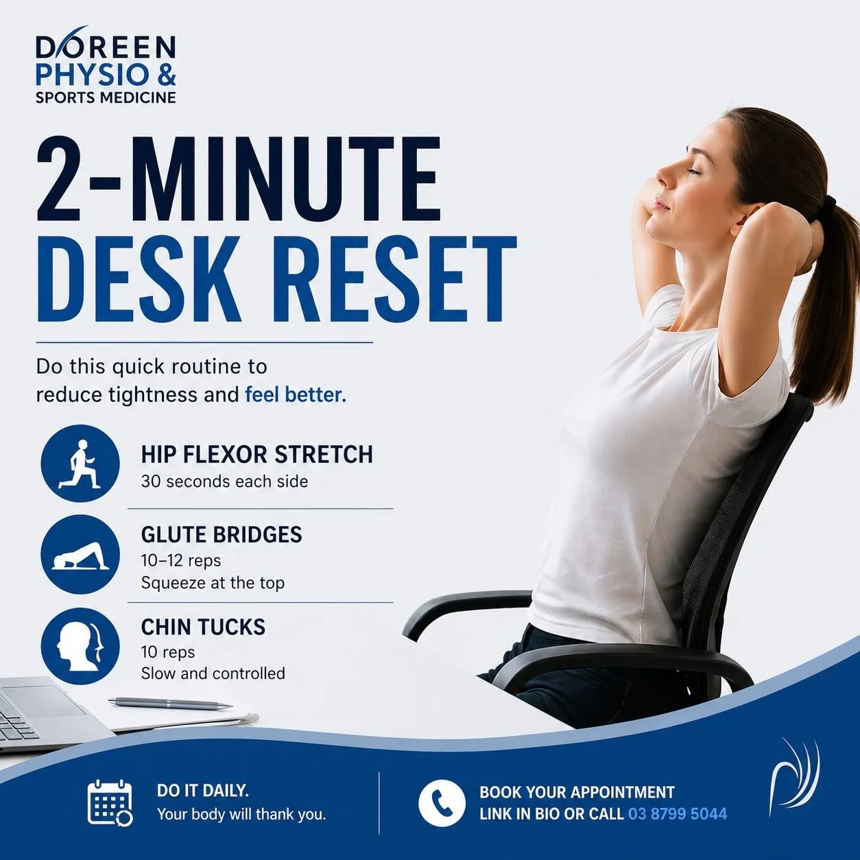 Sitting all day? Your body feels it.

Try this quick 2-minute reset to get things moving again!

Small changes throughout your day can make a big difference.

If you&rsquo;re already feeling sore or tight, we can help fix the cause, not just the symp