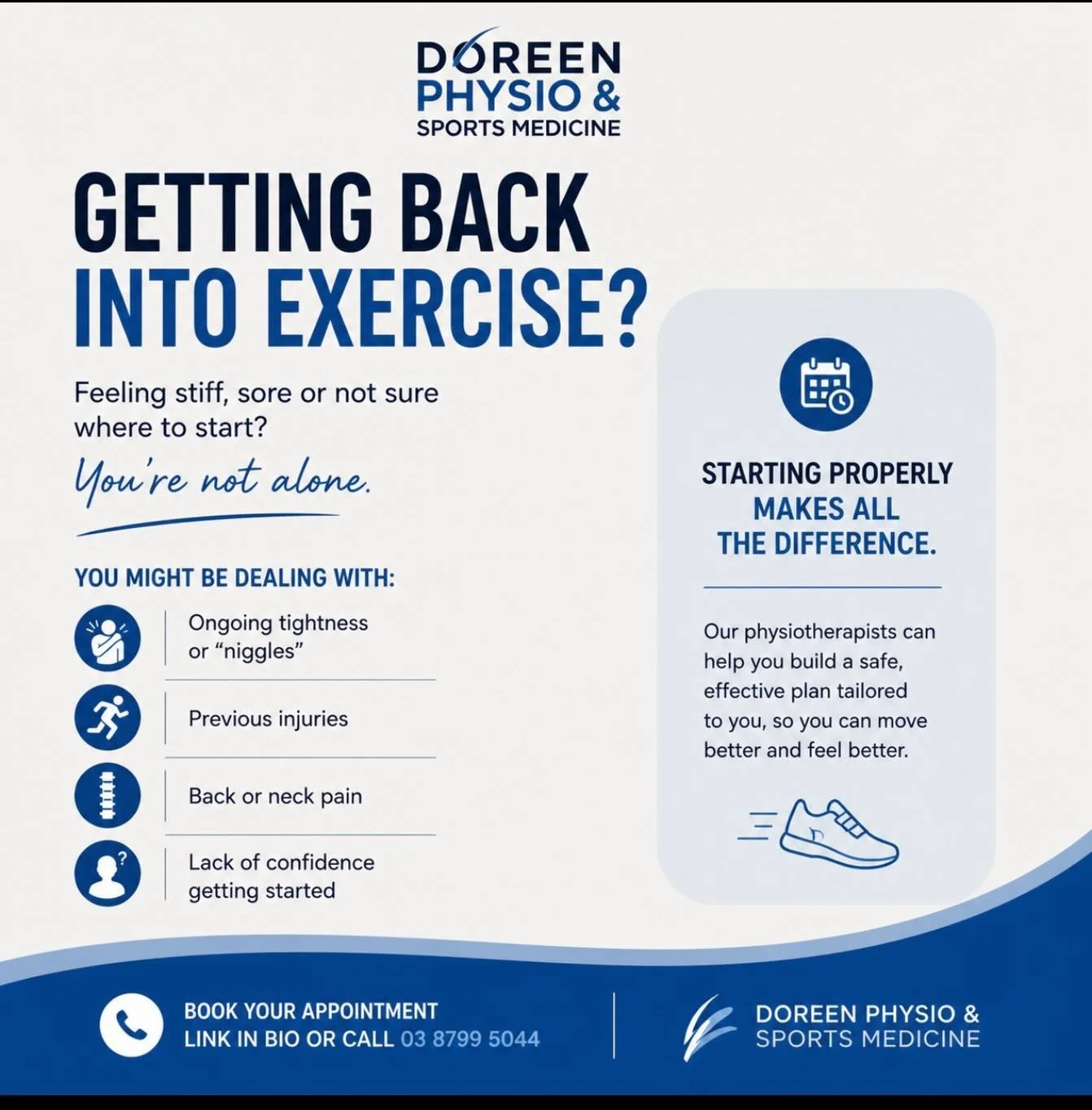 Getting back into exercise isn&rsquo;t always as simple as it sounds.

Feeling stiff, sore or unsure where to start is more common than you think.

Whether it&rsquo;s past injuries, tightness or just a lack of confidence ,how you start matters.

Star