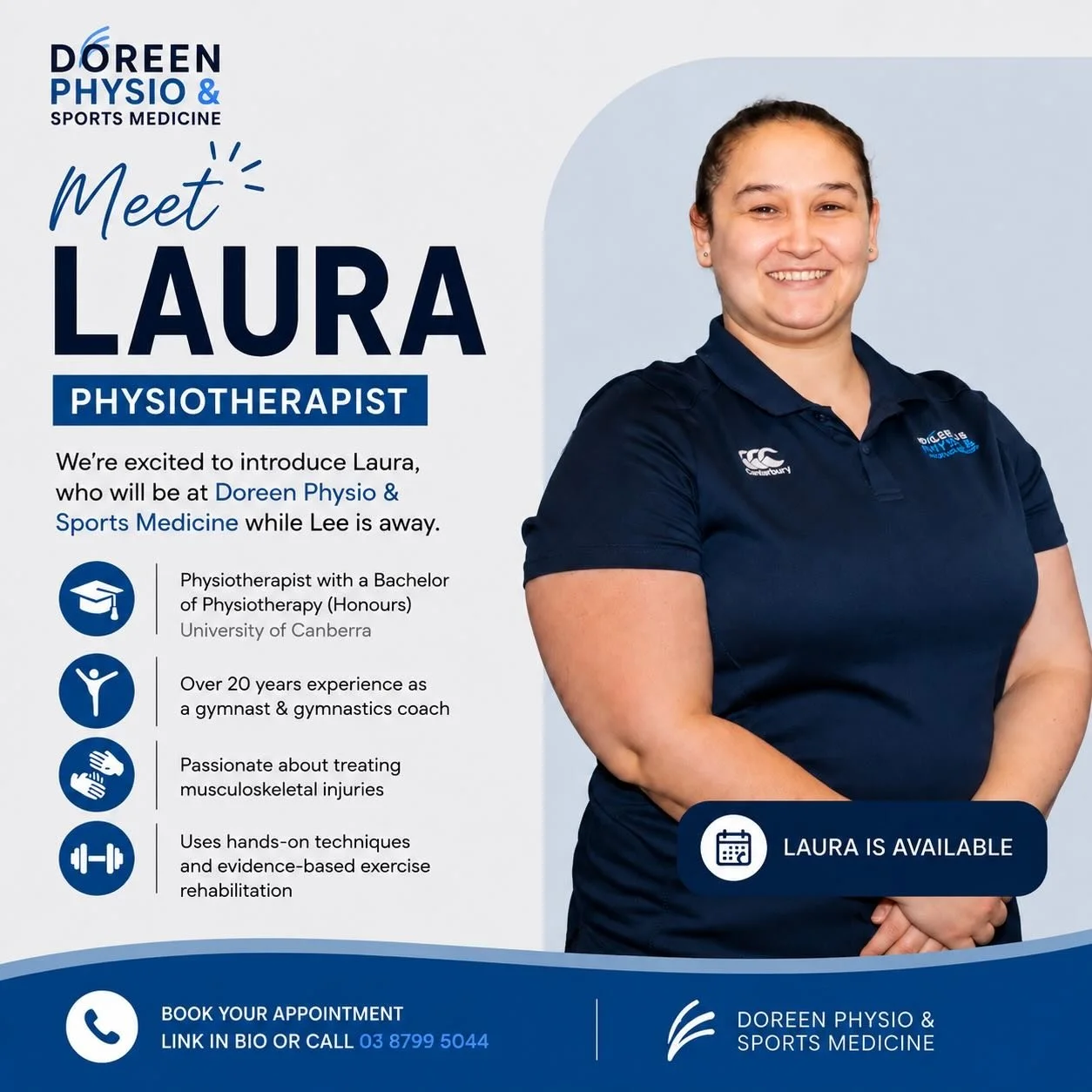 Meet Laura 👋

Laura will be joining Doreen Physio &amp; Sports Medicine while Lee is away.

She has a Bachelor of Physiotherapy (Honours) from the University of Canberra and over 20 years of experience as both a gymnast and gymnastics coach.

Laura 