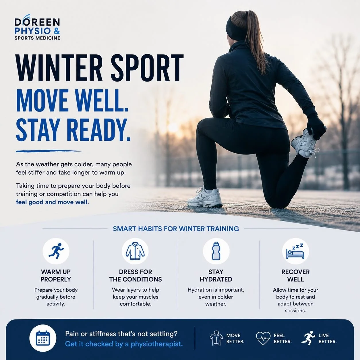 ❄️ Winter sport is here.

As the weather gets colder, taking a few extra minutes to prepare before training or competition can make all the difference.

✔️ Warm up properly
✔️ Dress for the conditions
✔️ Stay hydrated
✔️ Prioritise recovery

Pain or 