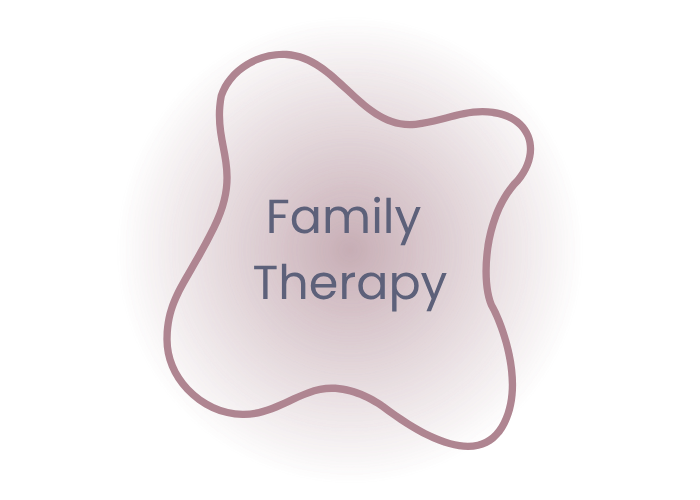 Pink circular graphic with the words "Family Therapy" in the center