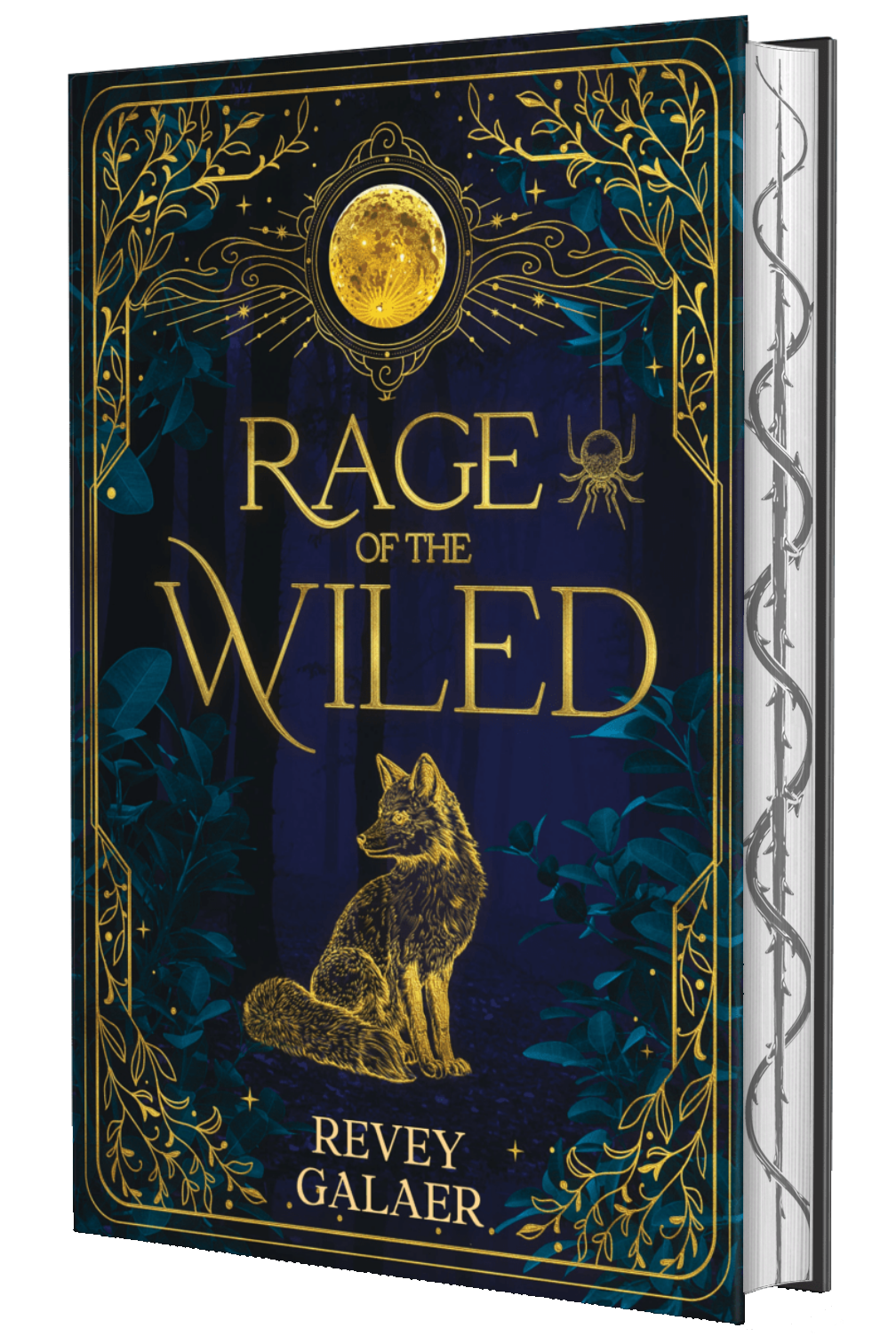 Harscover copy of Rage of the Wiled, featured a dark blue and green background, gold trim, and custom-designed fore edges detailing a thorny vine